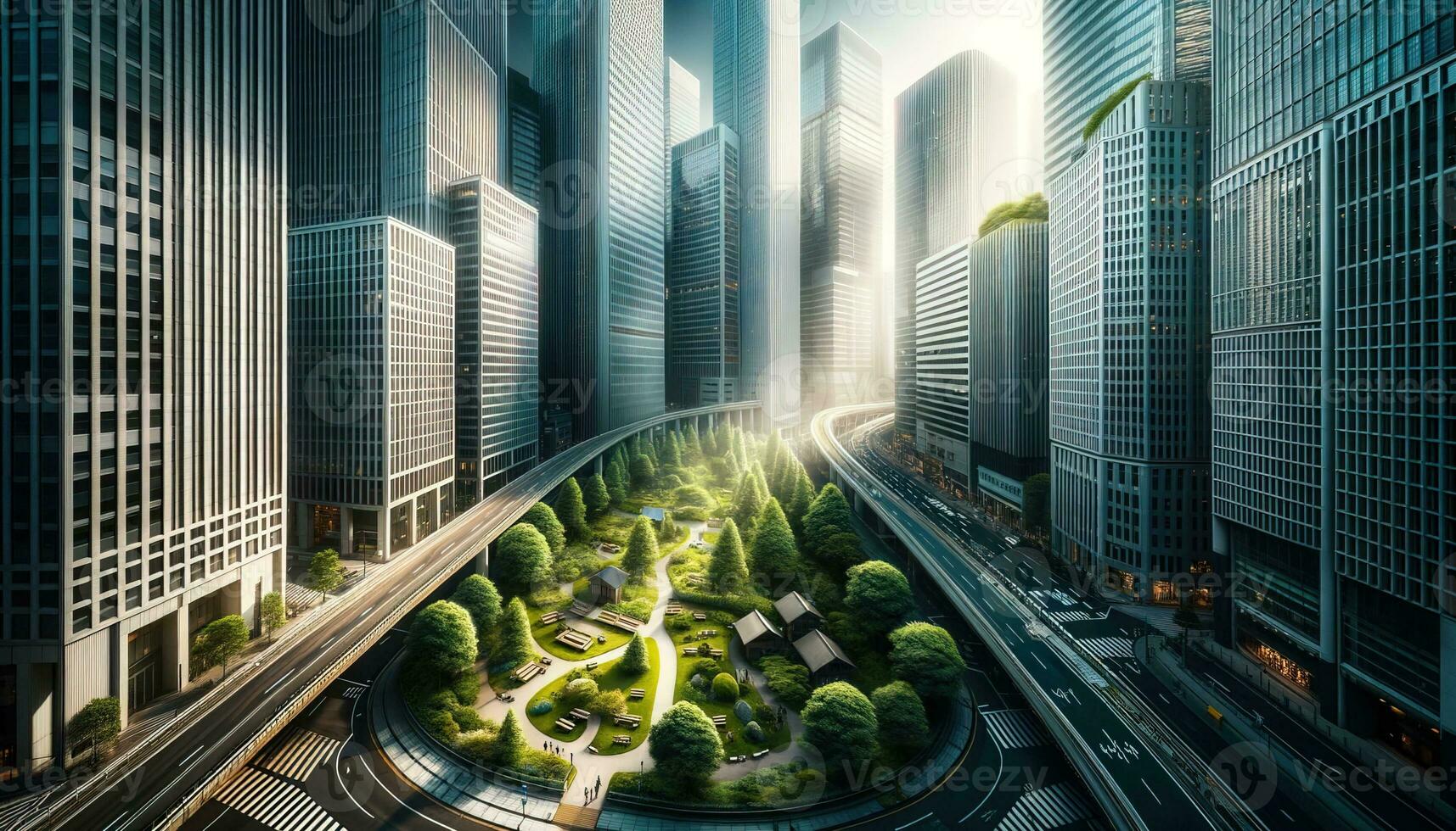 AI generated The image captures the contrast of skyscrapers in the city with green park patches and emphasizes the balance between urban development and nature. Generative AI photo