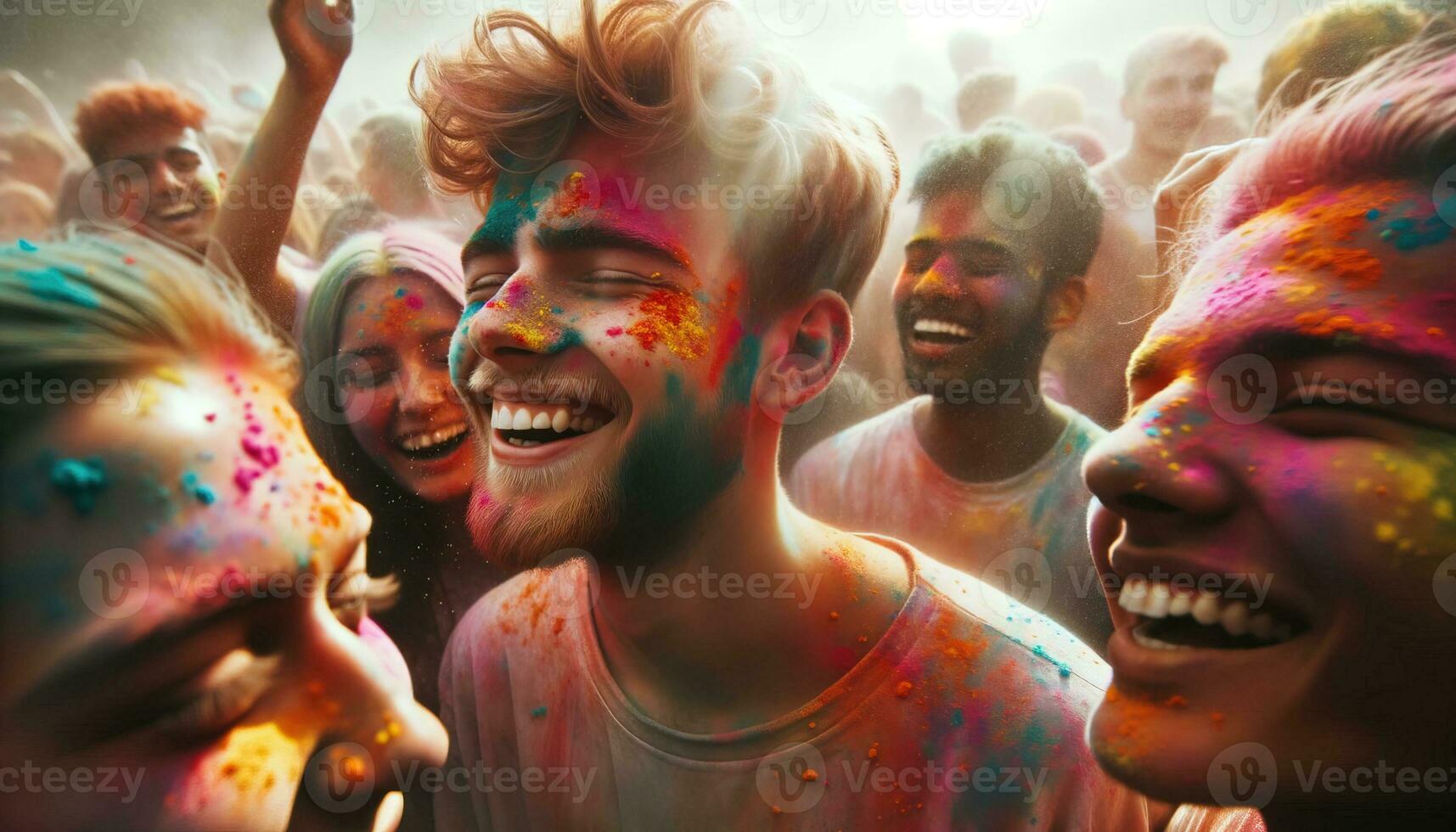 AI generated The faces of cheerful people participating in the Holi festival are covered with powder in shades of pink, blue, yellow and green. Generative AI photo