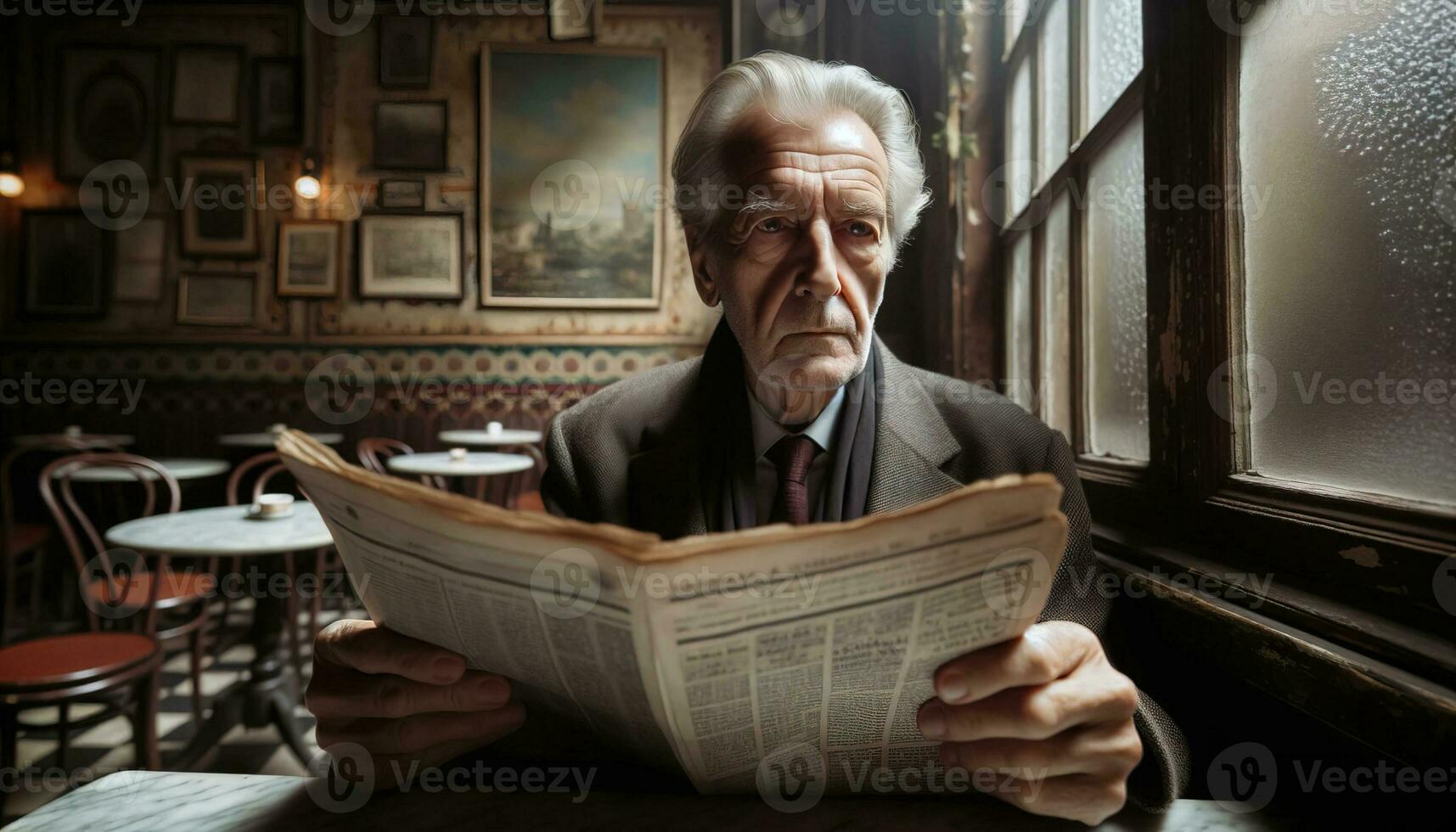 ai generado antiguo hombre leyendo periódico en antiguo hora cafetería. generativo ai foto