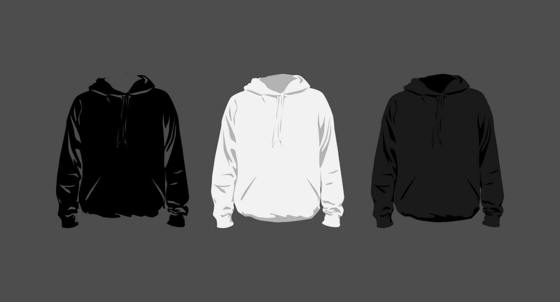 set of hoodie with black, white color, and silhouette style, isolated on grey background, vector flat illustration.