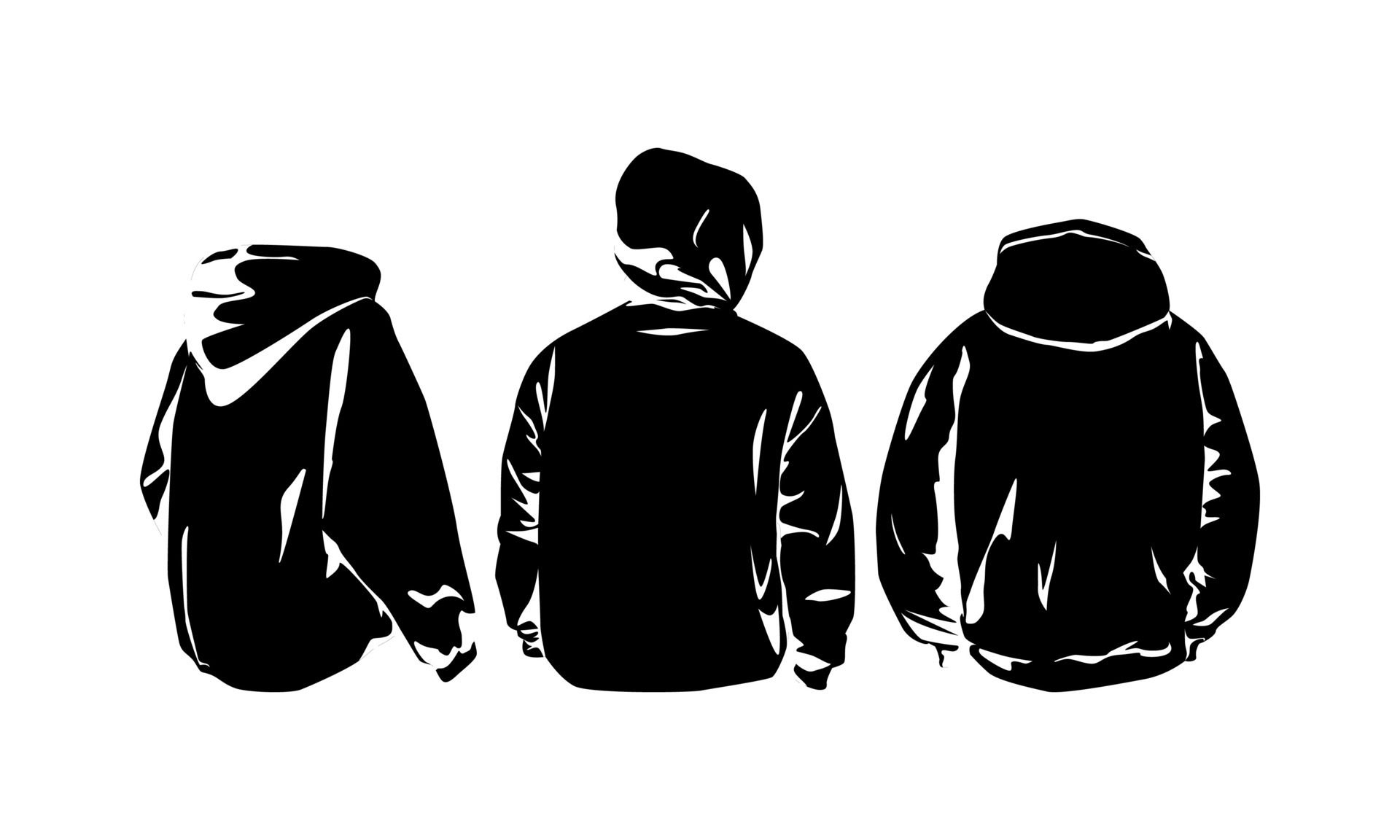 set of three hoodies in silhouette style. back view. flat vector