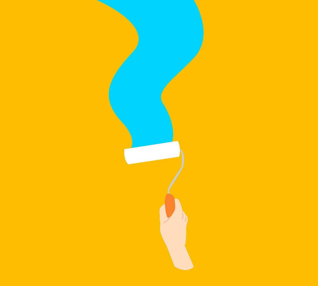 pose of hand painting a wall using a blue paint roller. yellow background. bright color. vector flat illustration.