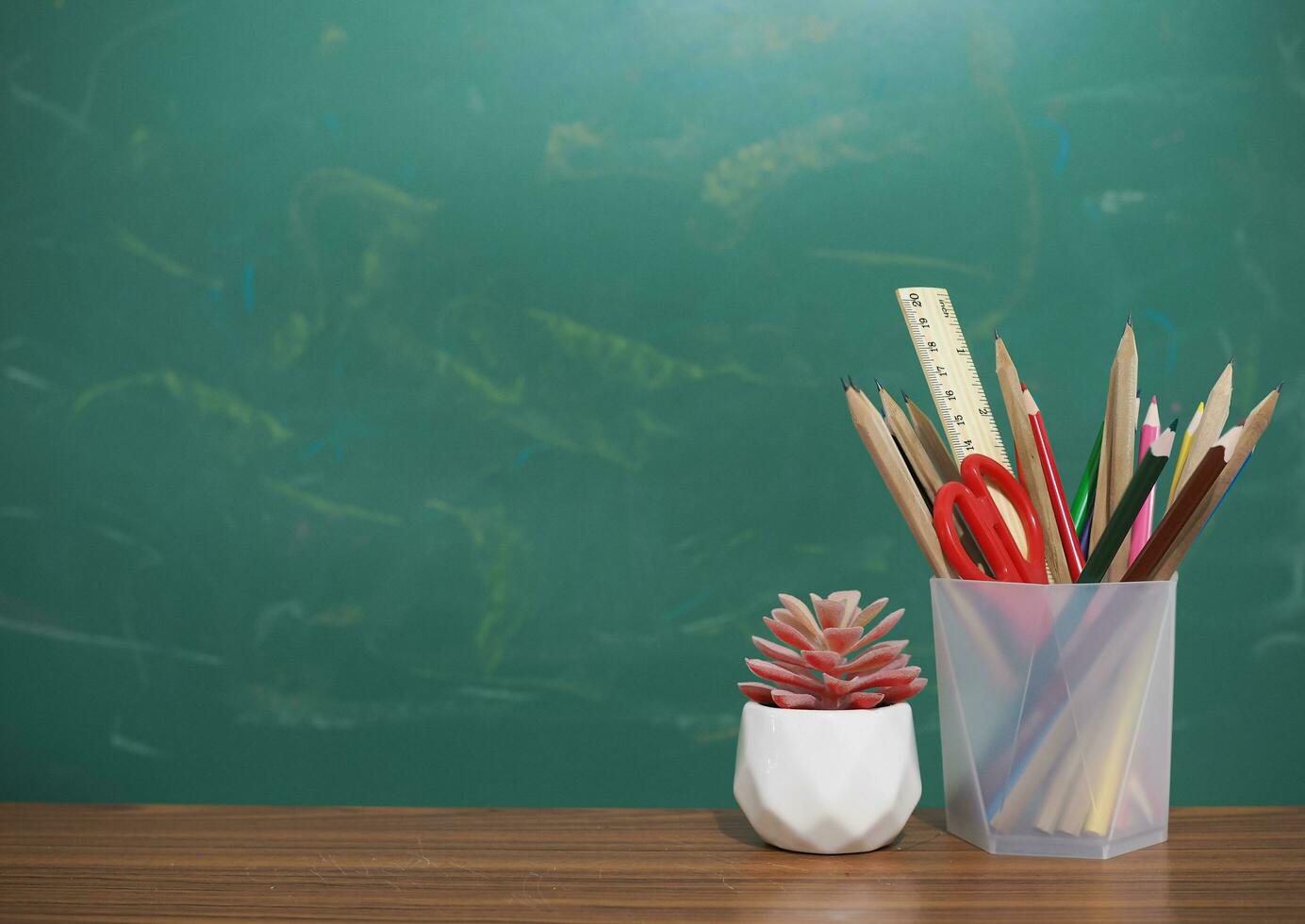 Office desk table, Student creative desktop with colorful stationery and cactus. Copy space for text, Back to school, Education concept photo