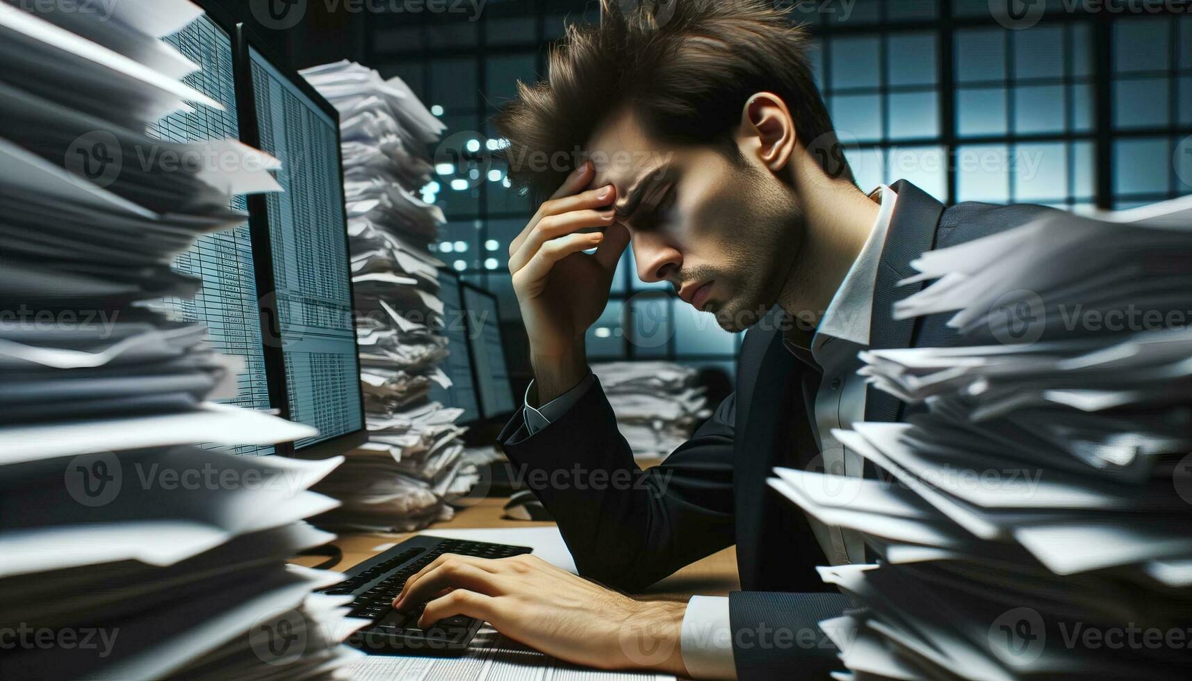 AI generated Stressed office worker looking at multiple computer screens with stacks of papers. Generative AI photo