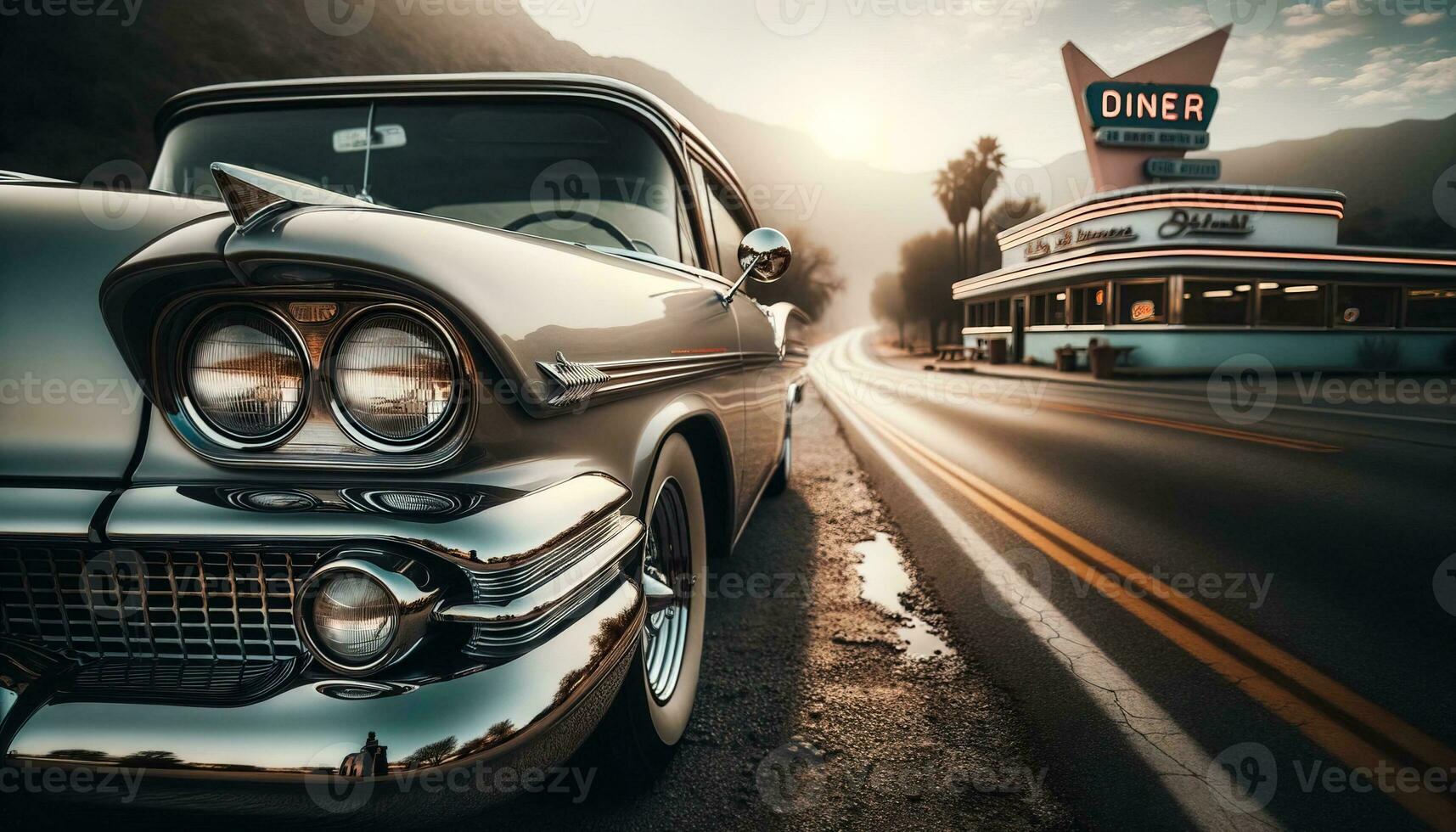 AI generated A classic car standing on an asphalt road next to a retro restaurant. Generative AI photo