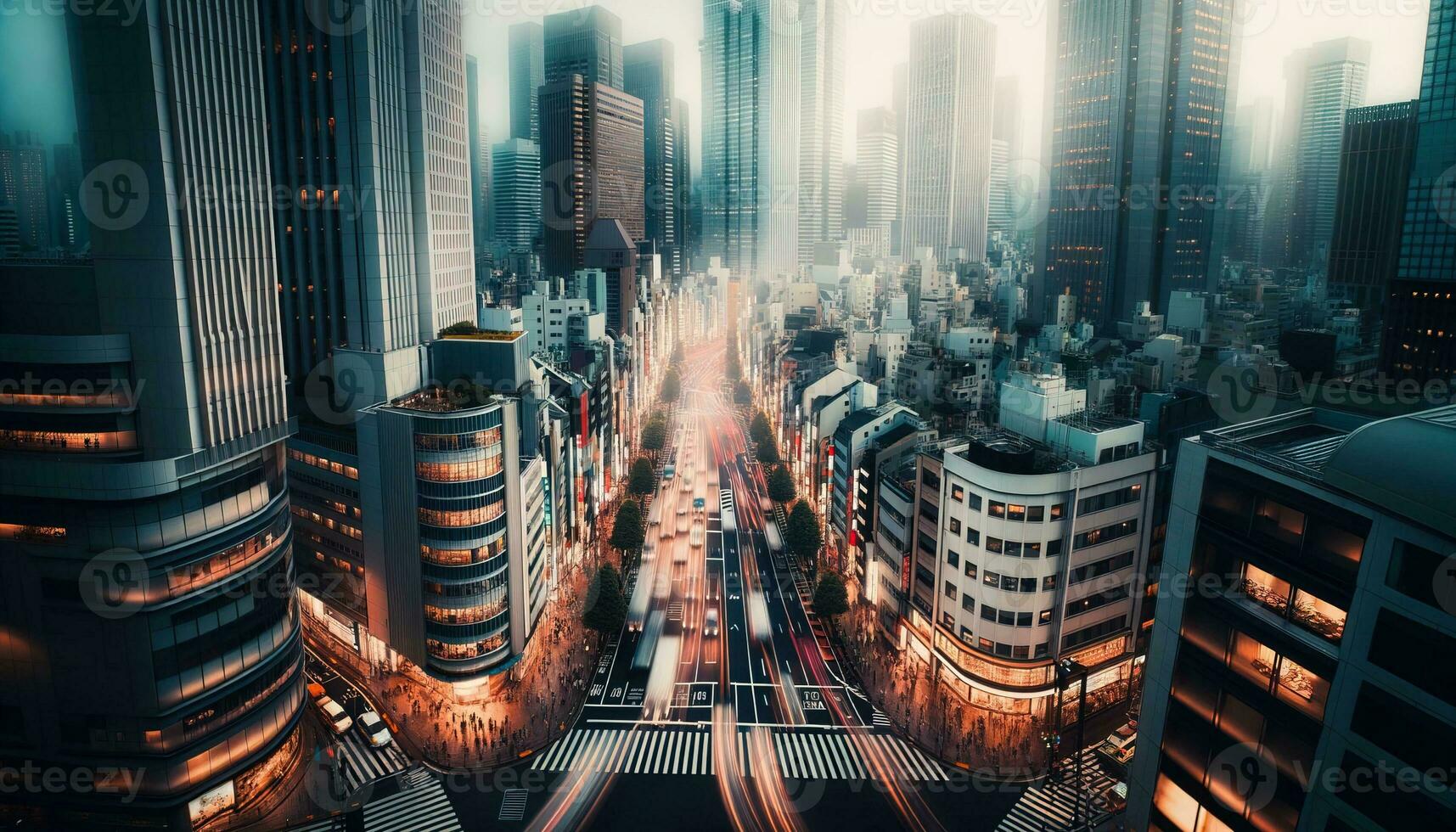 AI generated Photo showing a lively city street, the epitome of city life. Generative AI