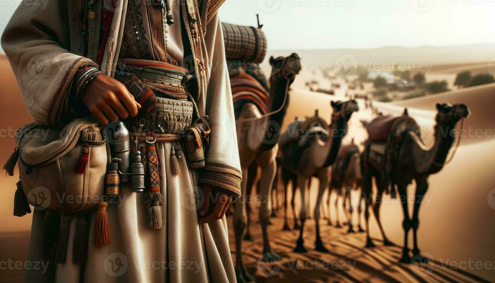 AI generated A desert nomad guiding a caravan of camels across the endless sand dunes of the desert. Generative AI photo