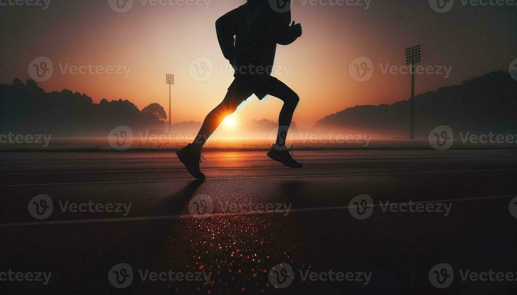 AI generated A young athlete preparing for a run on a sunrise background. Generative AI photo