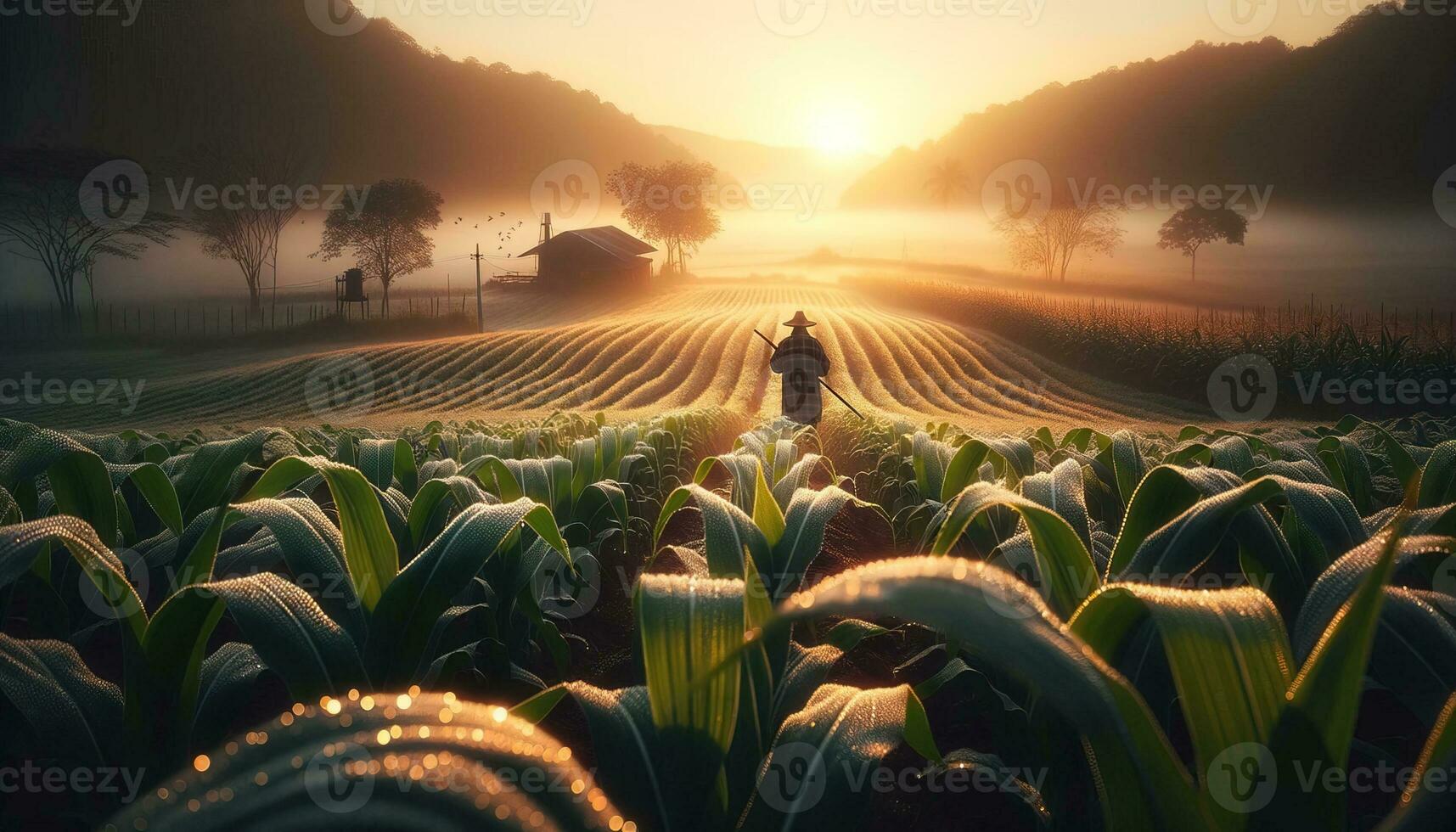 AI generated A farmer doing his daily work in a field early in the morning. Generative AI photo