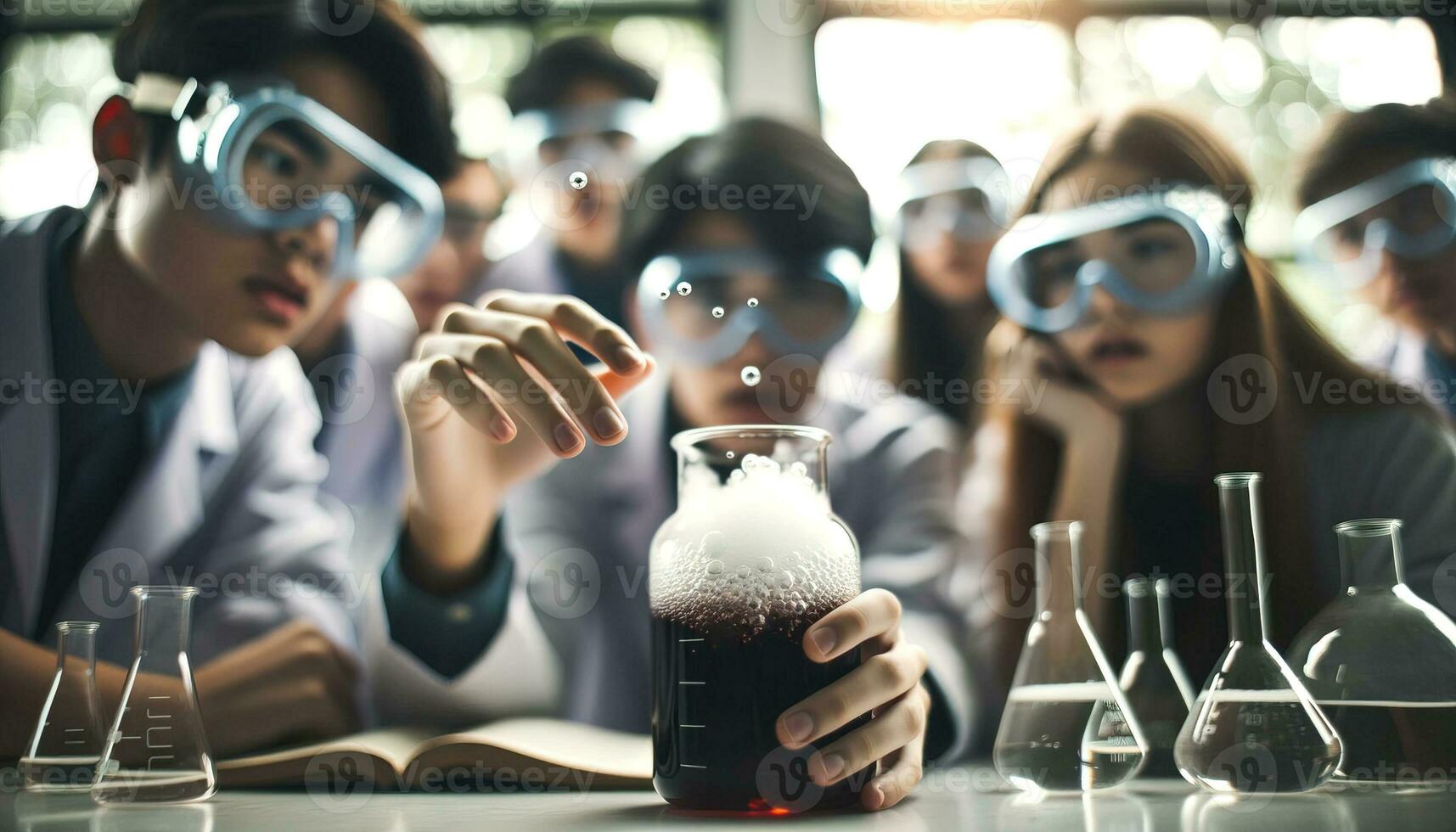 AI generated Students who are immersed in the world of chemistry look carefully at the mixture in a beaker. Generative AI photo
