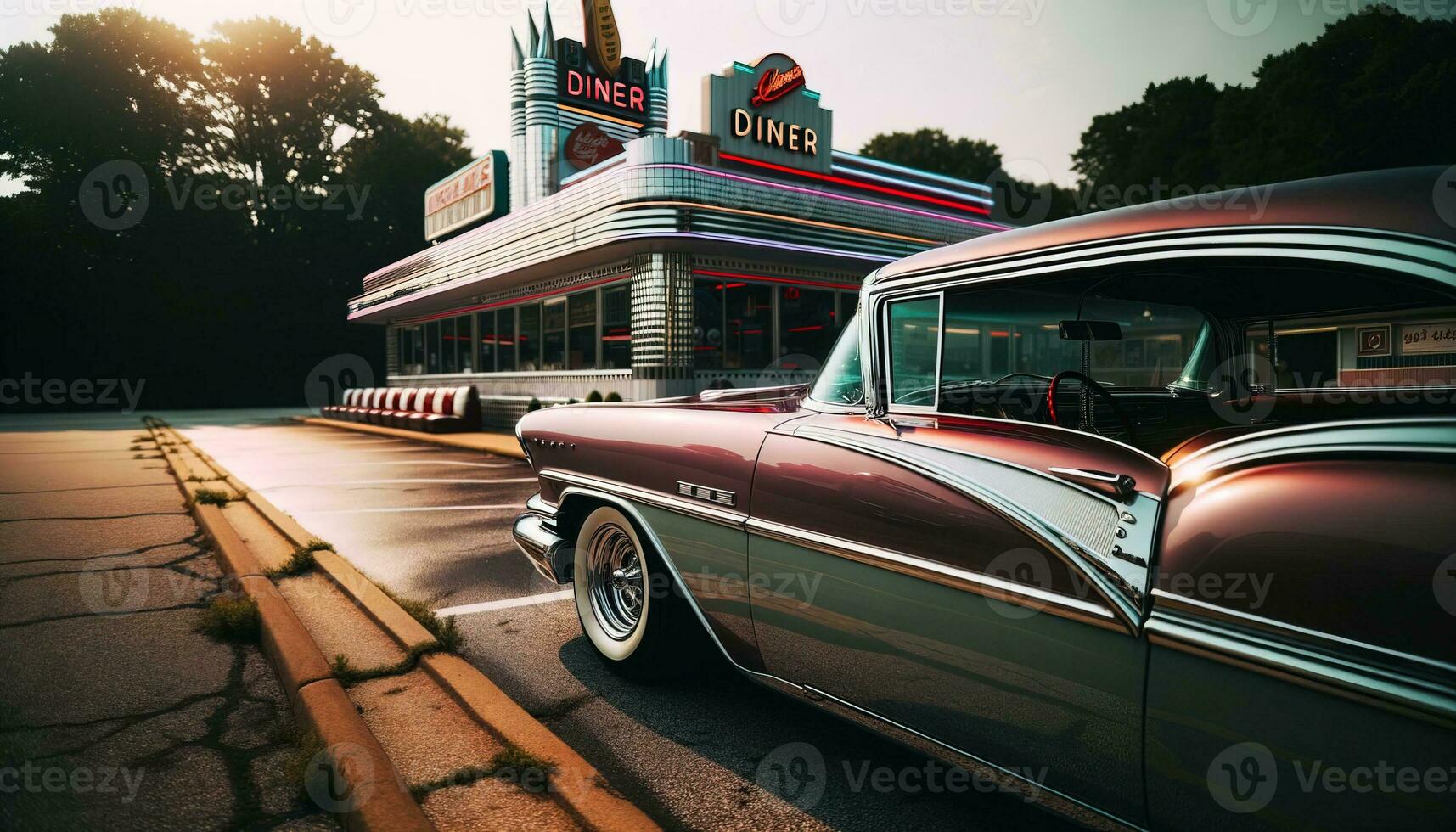 AI generated A classic car standing on an asphalt road next to a retro restaurant. Generative AI photo