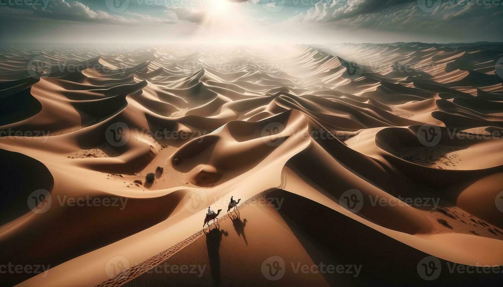 AI generated Camel rider in the vast desert among the wide sand dunes. Generative AI photo