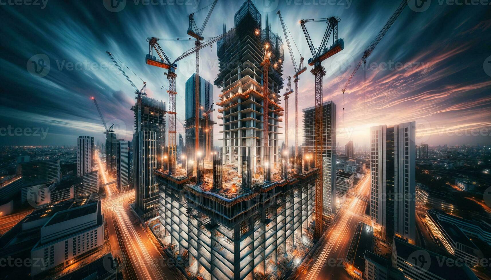 ai generado rascacielos en el medio de construcción en el crepúsculo cielo. generativo ai foto