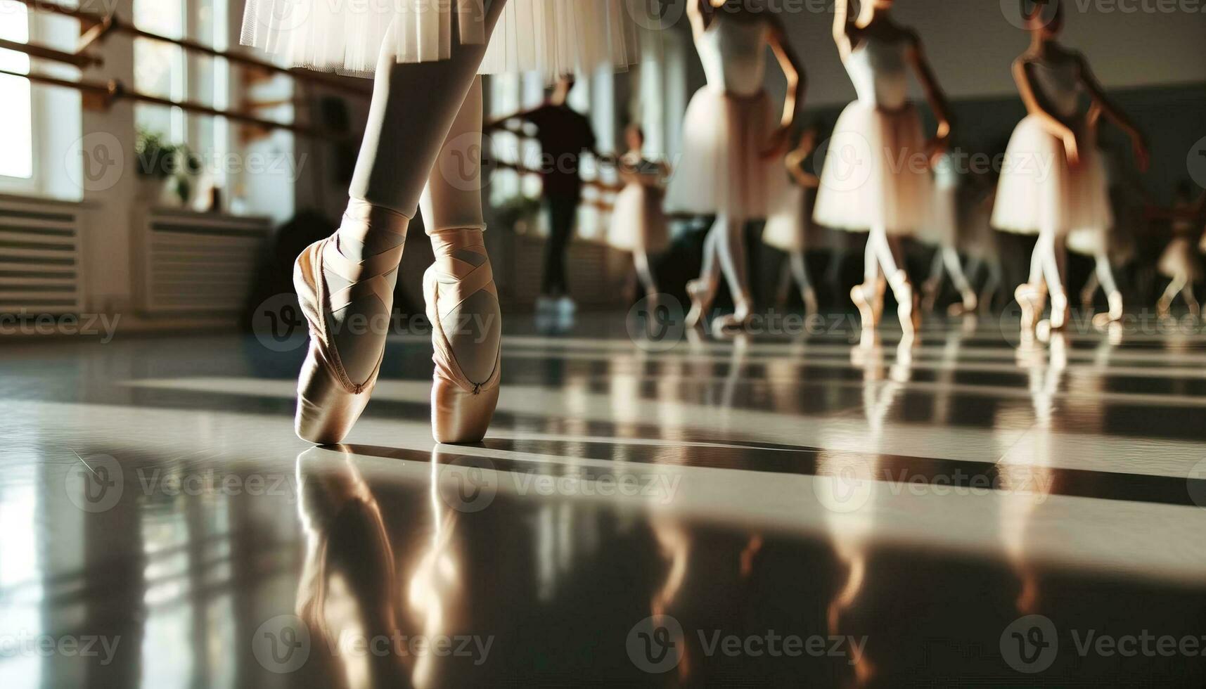 AI generated Close-up photograph showcasing ballet shoes moving gracefully on the studio floor. Generative AI photo