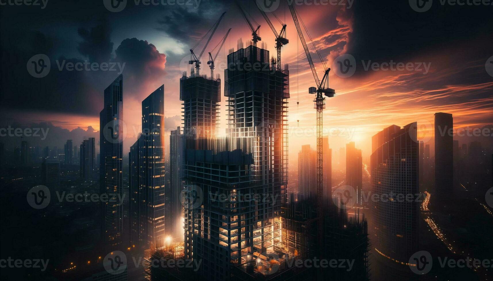 AI generated Skyscrapers in the middle of construction in the twilight sky. Generative AI photo