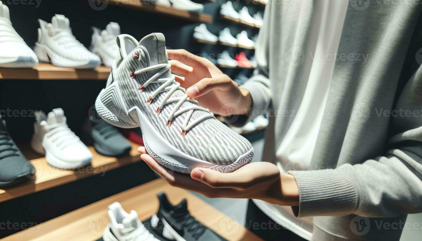 AI generated Eager customers trying on sneakers in a sports store. Generative AI photo