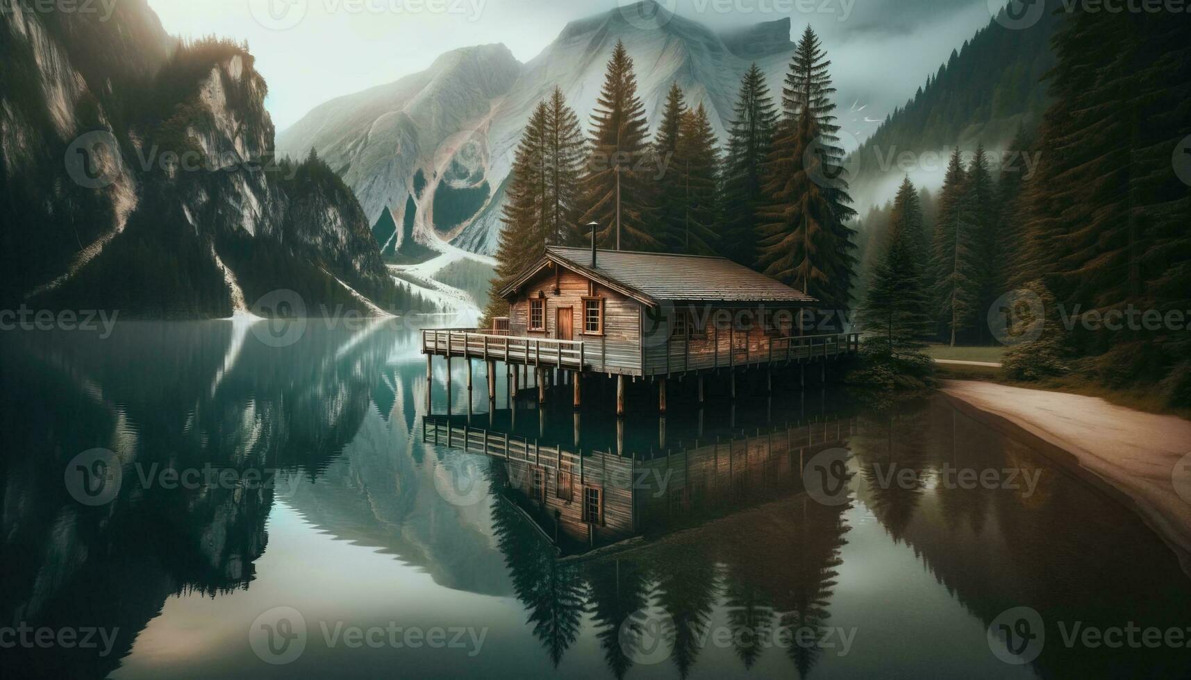 AI generated Rustic wooden cabin located on the edge of a tranquil lake. Generative AI photo