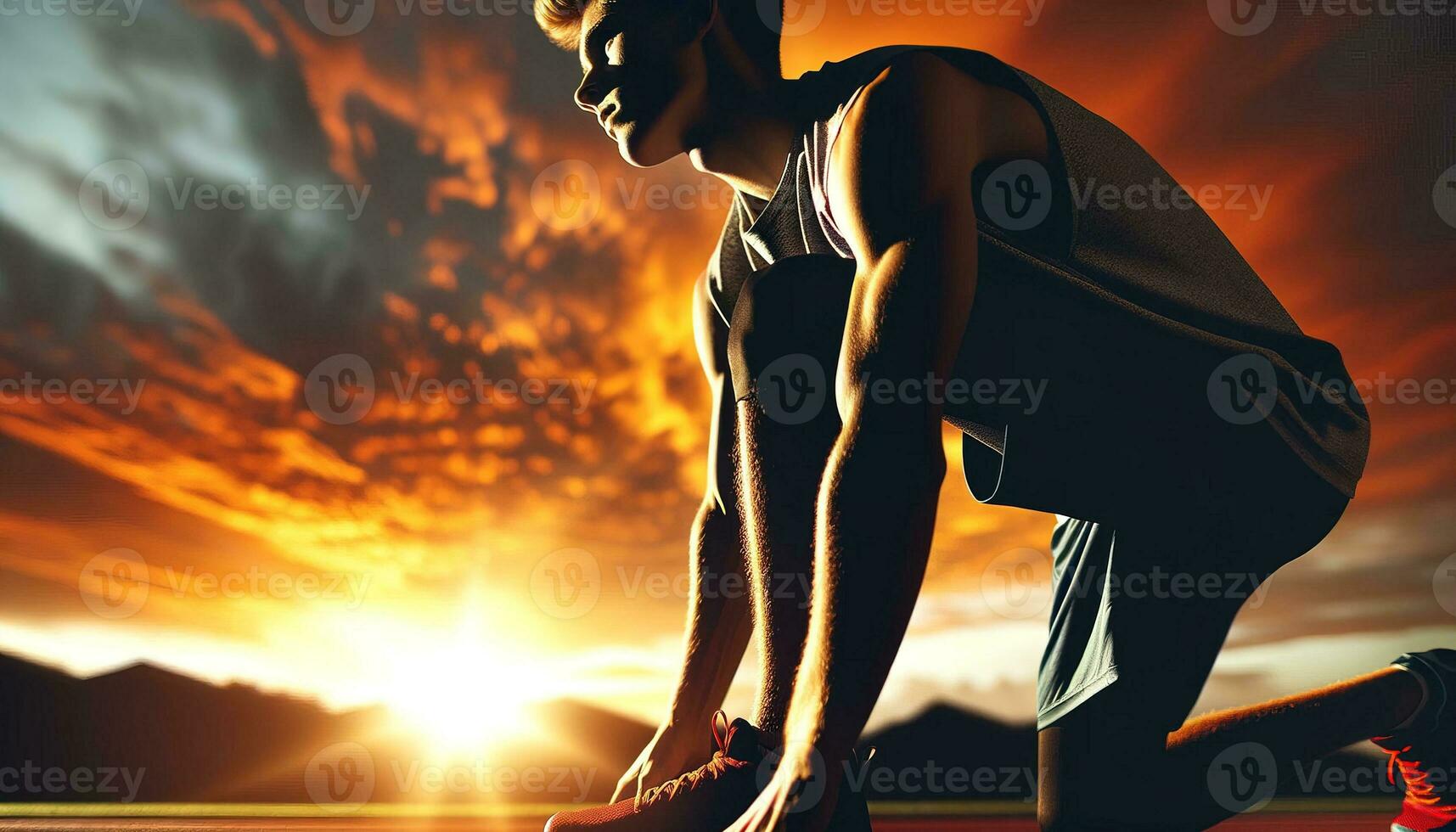 AI generated A young athlete preparing for a run on a sunrise background. Generative AI photo