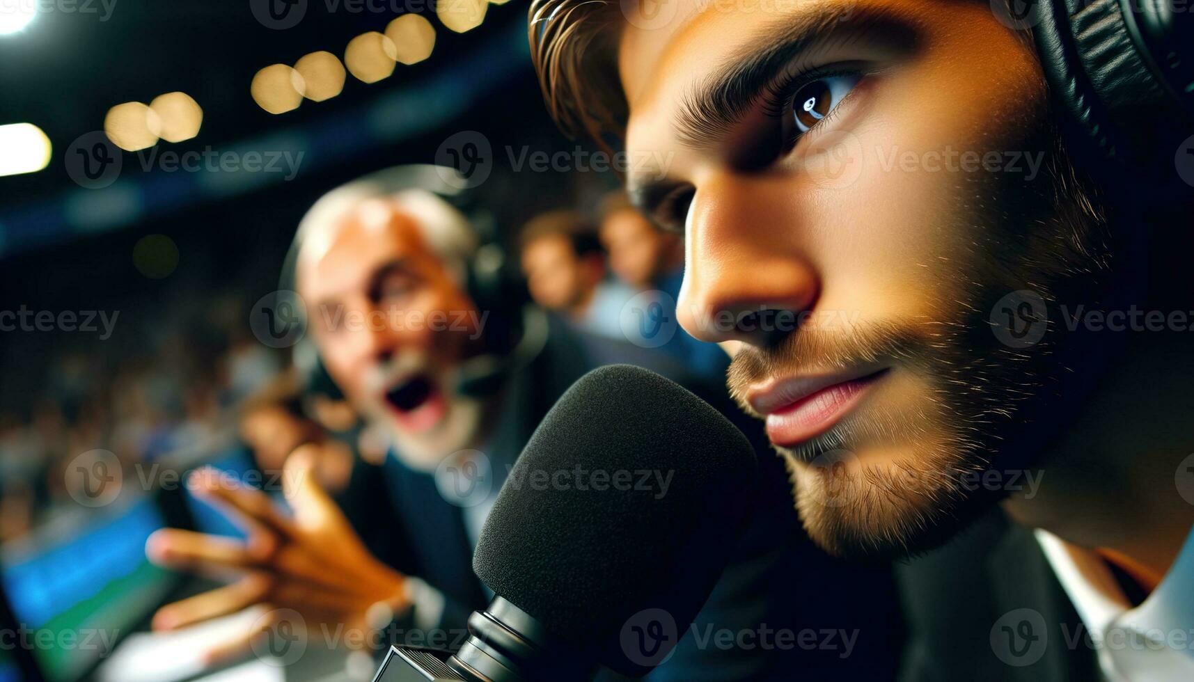 AI generated Commentators are covering a live match in a broadcast booth. Generative AI photo