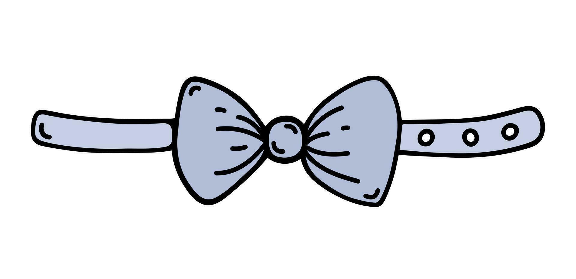 Elegant bow tie vector icon. Stylish gray and blue accessory with ties for a wedding, party, date. Decoration for a classic suit. Hand drawn bright doodle isolated on white. Clipart for print, cards