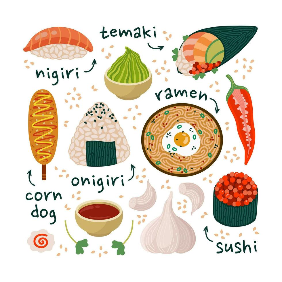 Asian food vector set. Tasty Japanese and Korean snacks - ramen, onigiri, nigiri, temaki, corn dog, sushi. Spicy seasonings - garlic, wasabi, soy sauce, hot pepper. Flat cartoon clipart for menu, web