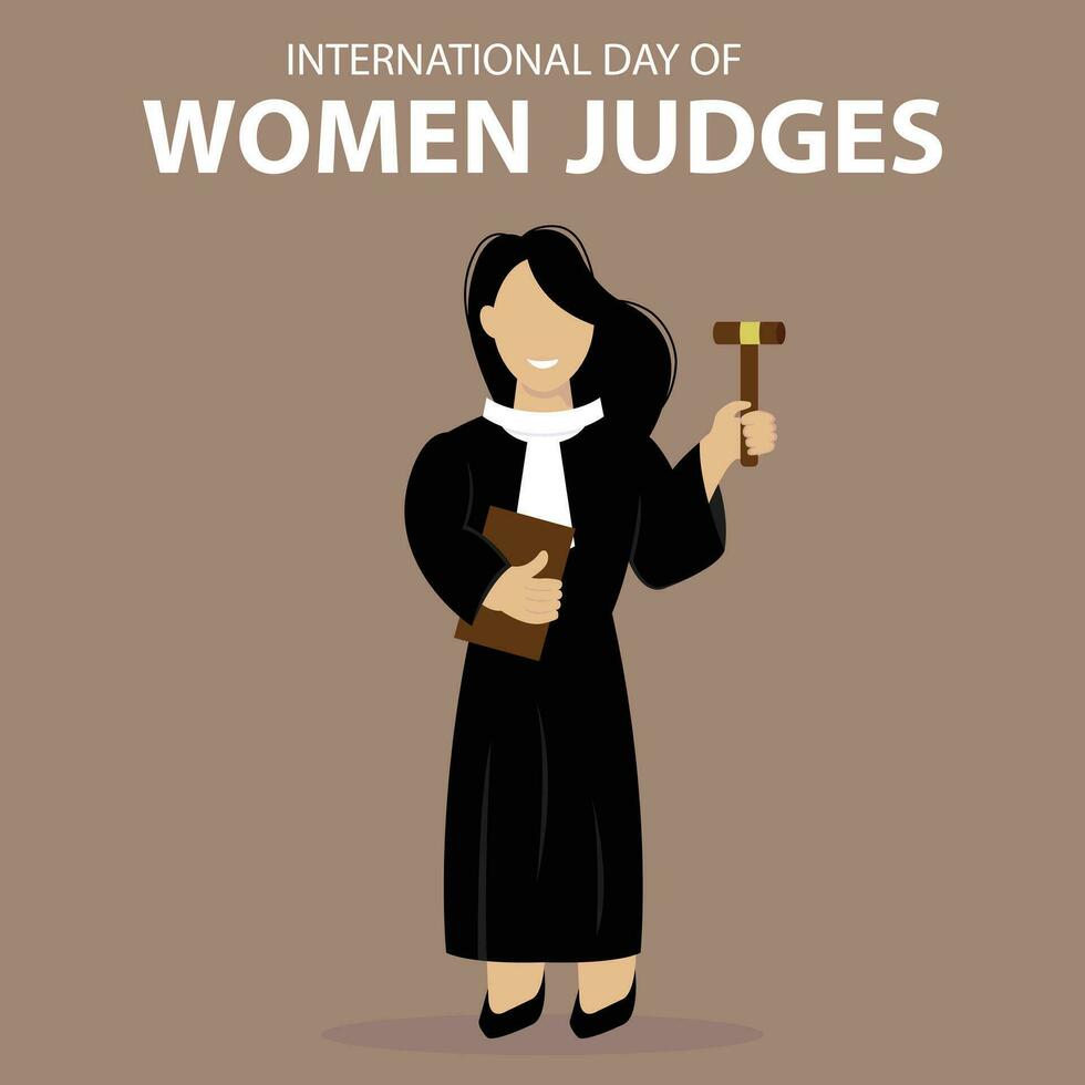 illustration vector graphic of a female judge with long hair was standing holding a book and a gavel, perfect for international day, women judges, celebrate, greeting card, etc.