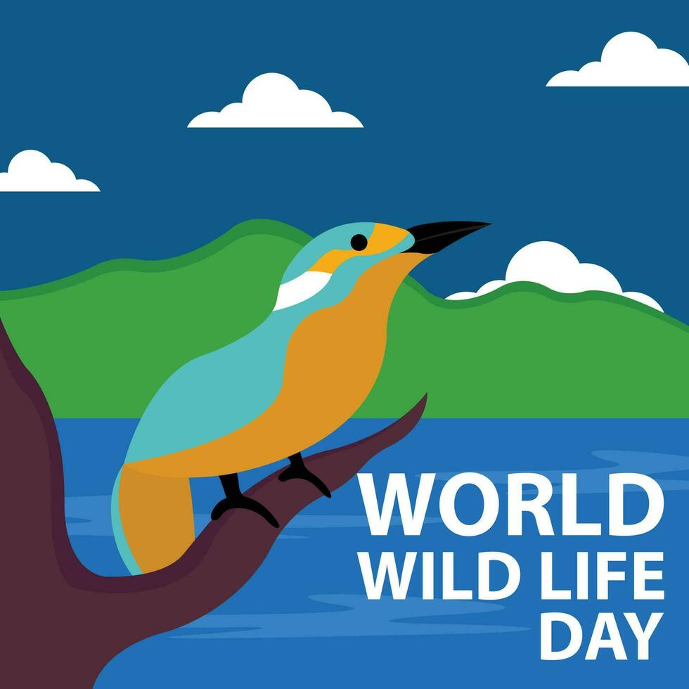 illustration vector graphic of birds resting on trees by the lake, perfect for international day, world wild life day, celebrate, greeting card, etc.