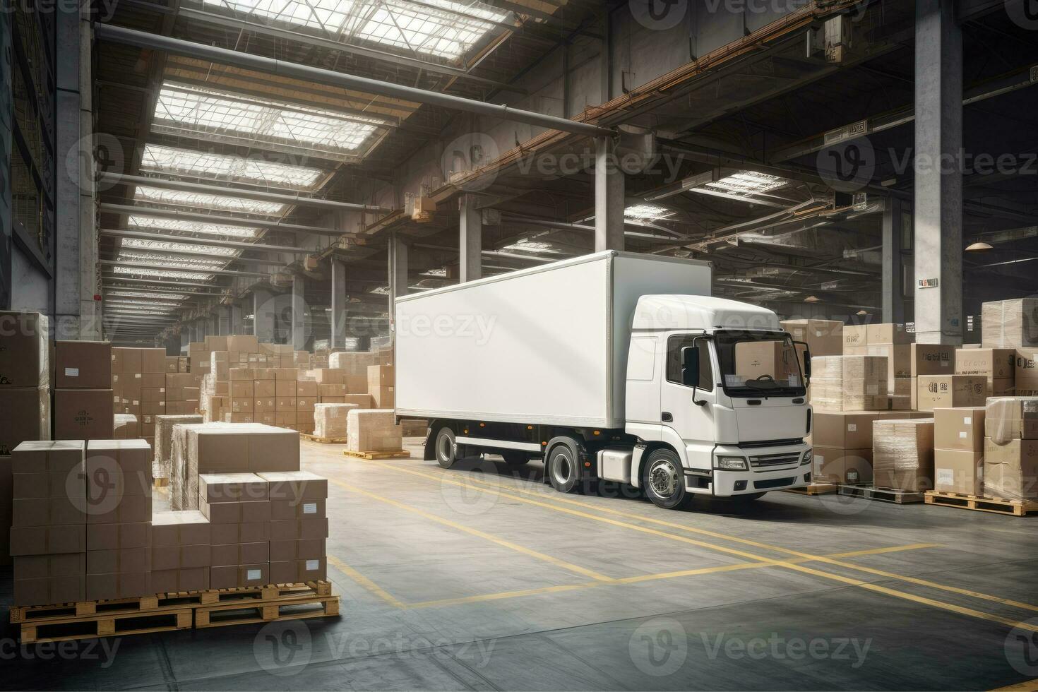 AI generated Delivery truck at warehouse for advertising, Delivery Van, Outside of Logistics Retailer Warehouse, AI Generative photo