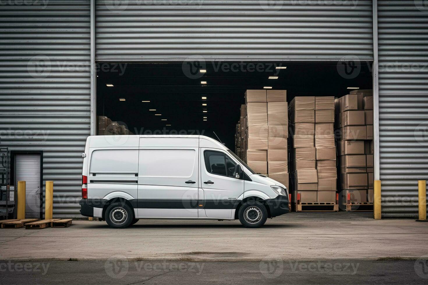 AI generated Delivery truck at warehouse for advertising, Delivery Van, Outside of Logistics Retailer Warehouse, AI Generative photo