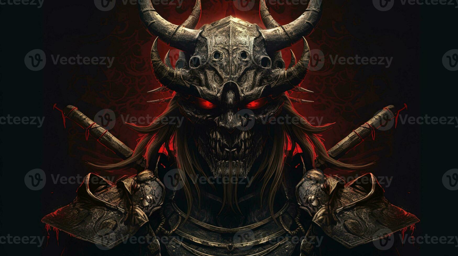 AI generated samurai demon skull, digital art illustration, Generative AI photo