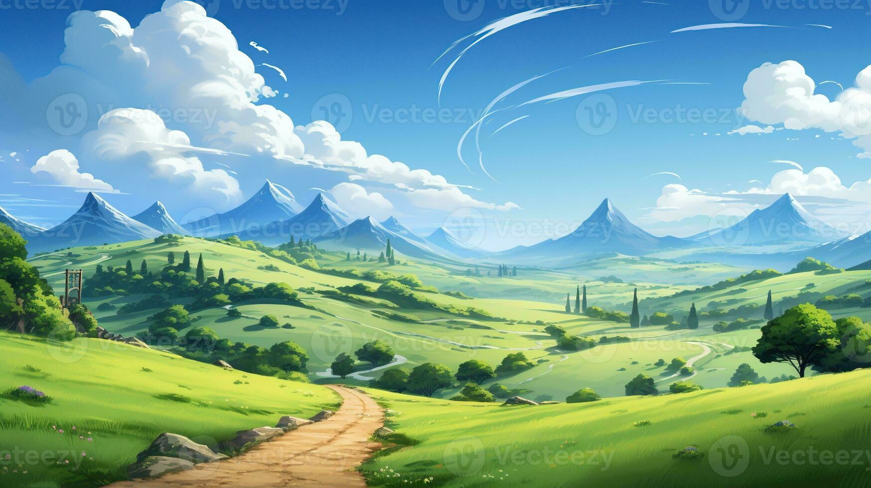 AI generated serene countryside, digital art illustration, Generative AI photo