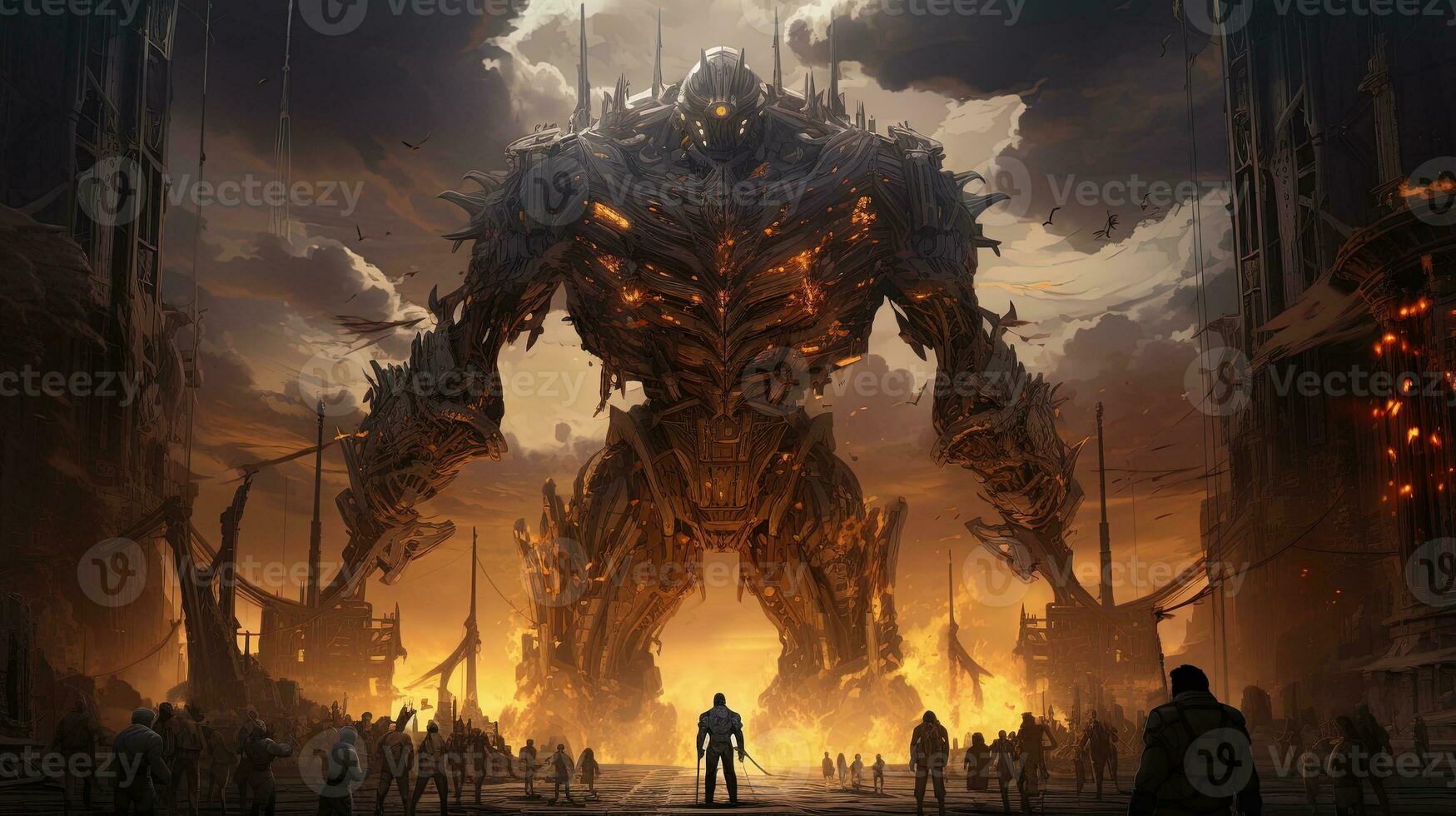 AI generated stand against the automaton colossal, digital art illustration, Generative AI photo
