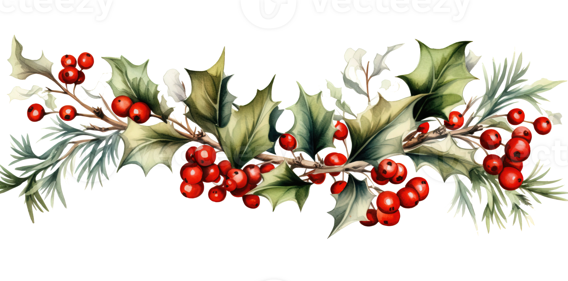 AI generated Christmas ornaments by painting branches with watercolors on a transparent background, including tree branches and holly sprigs adorned with red berries. AI Generation png