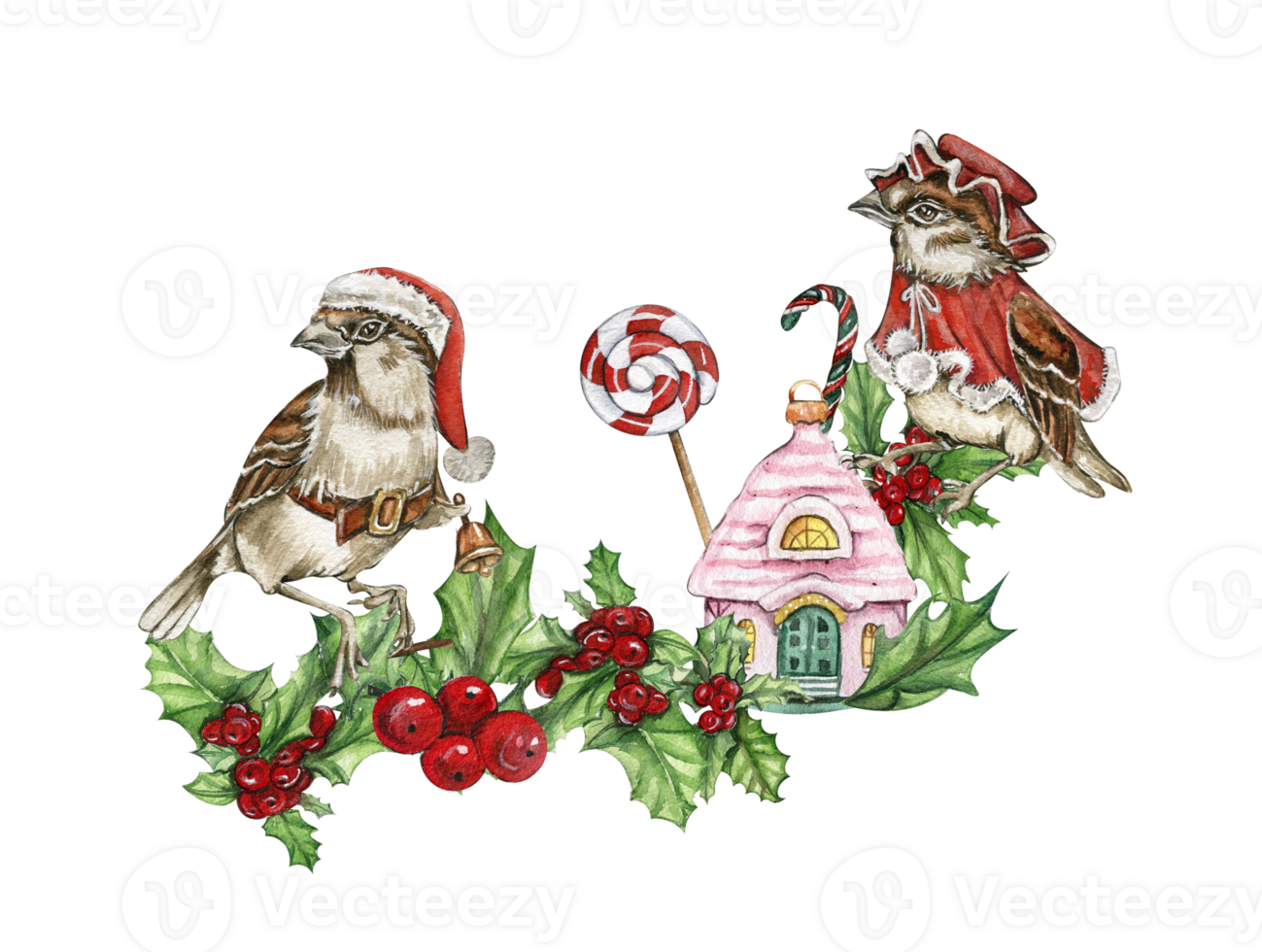 Christmas composition with bird sparrow in red Christmas hat and coat . png