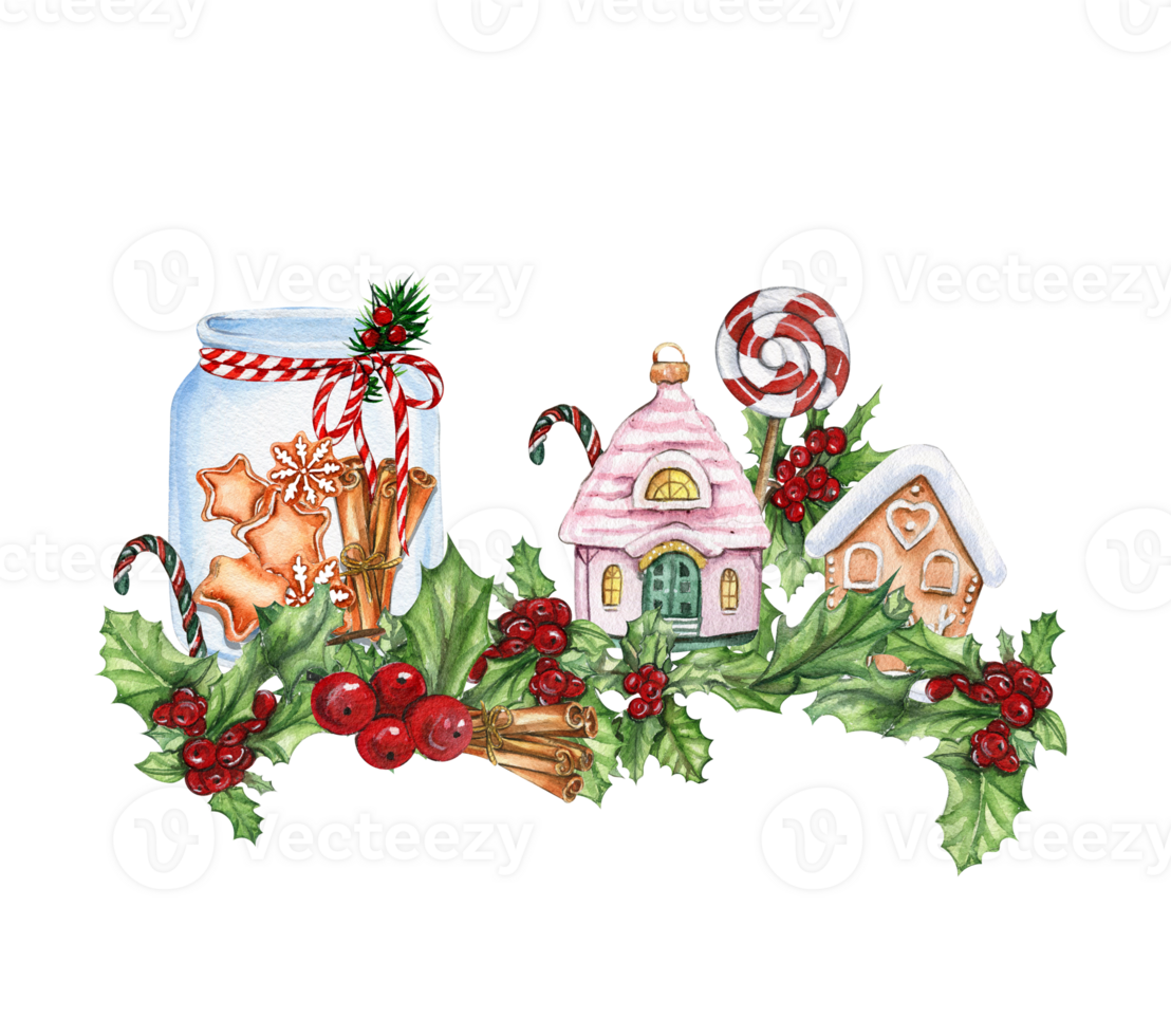 Christmas composition with glass bottle with gingerbread inside. png