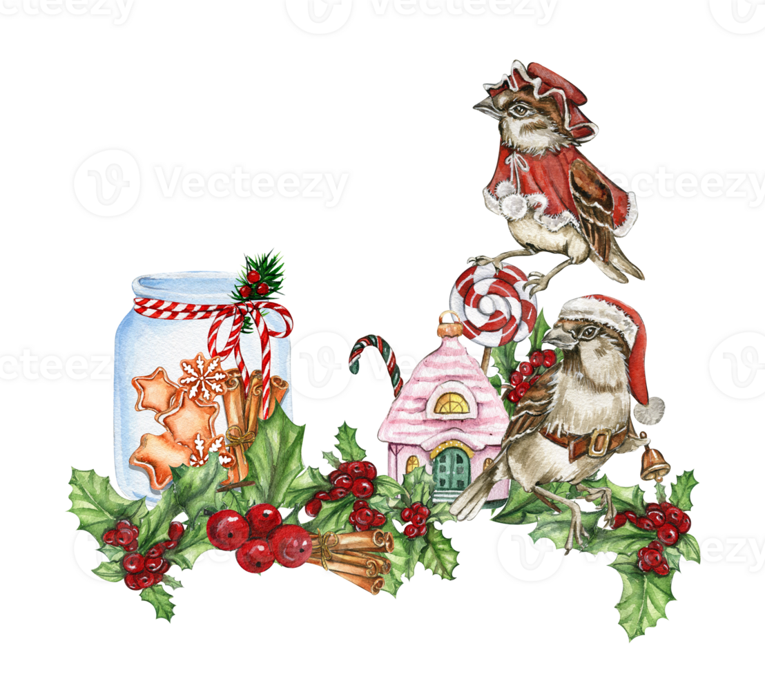Christmas composition with glass bottle with gingerbread inside and sparrow. png