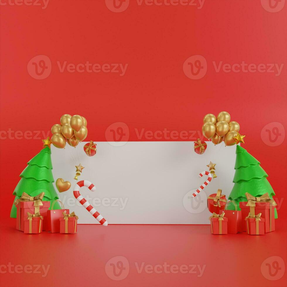 Navidad rojo antecedentes con realista 3d decorativo diseño elementos. festivo Navidad composición plano parte superior ver de rojo regalo cajas, brillante guirnalda decoraciones, verde árbol sucursales. 3d ilustración foto