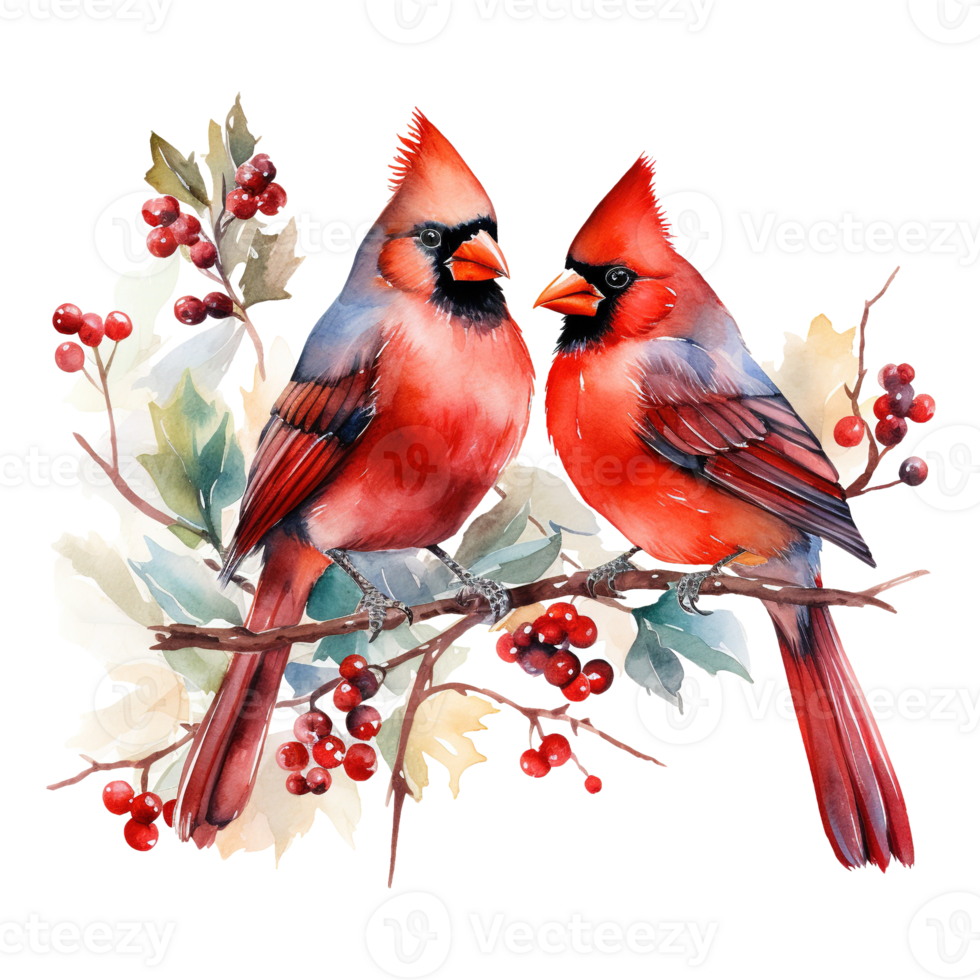 AI generated red cardinal sitting on a branch with berries. AI generated image png
