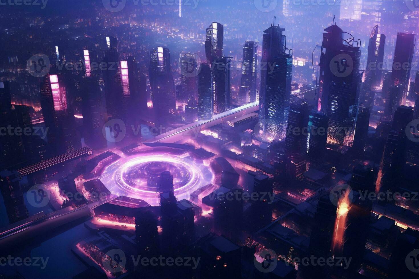 AI generated Futuristic Cyber City Background photo