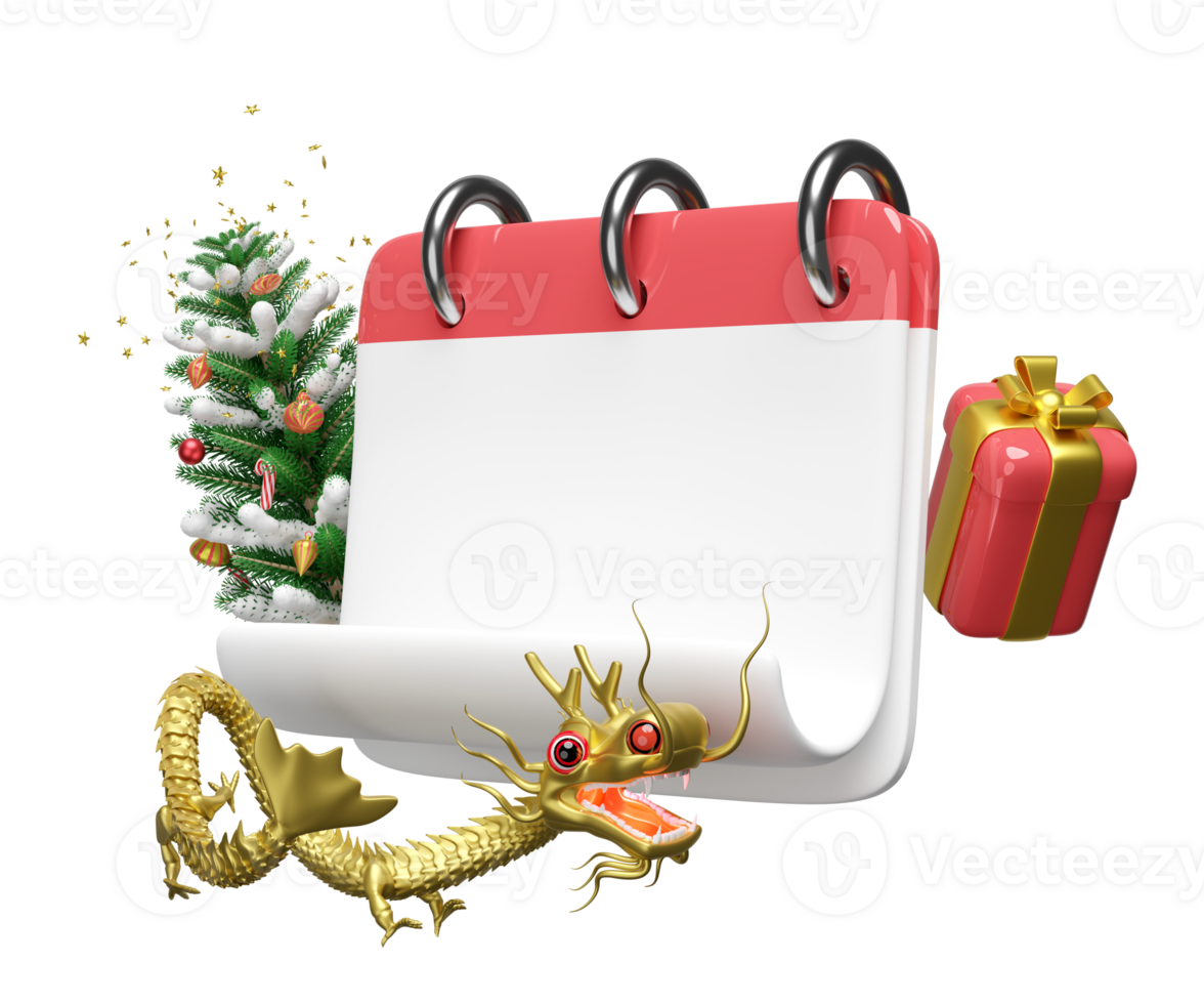 Christmas calendar with gold chinese dragon, christmas tree, gift box, gingerbread man, candy cane. merry christmas and happy new year, 3d render illustration png