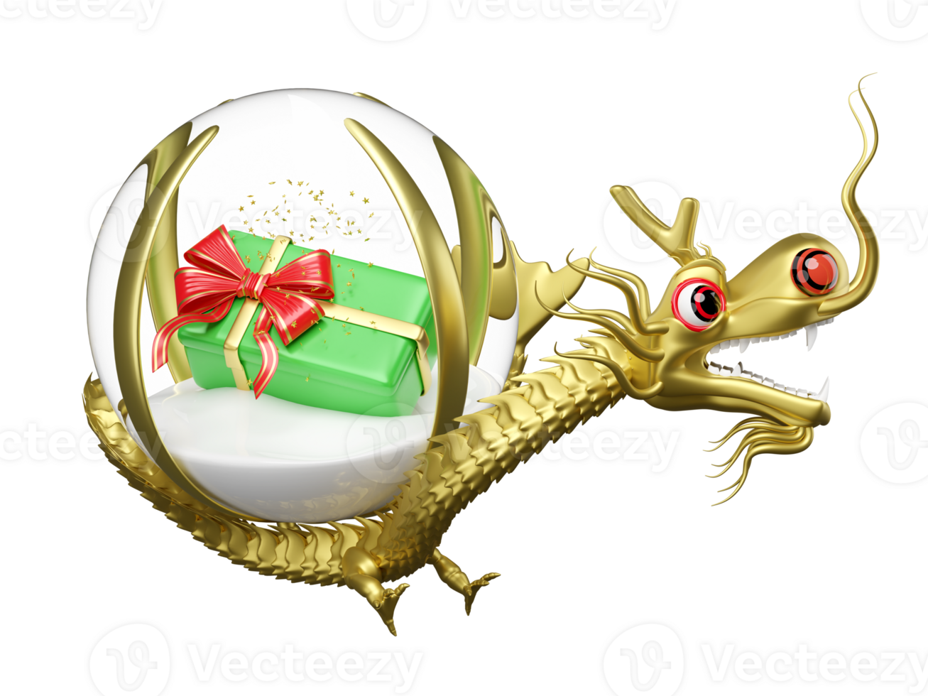 3d gold Chinese Dragon with decorative snow globe glass transparent, gift box. merry christmas and happy new year, 3d render illustration png