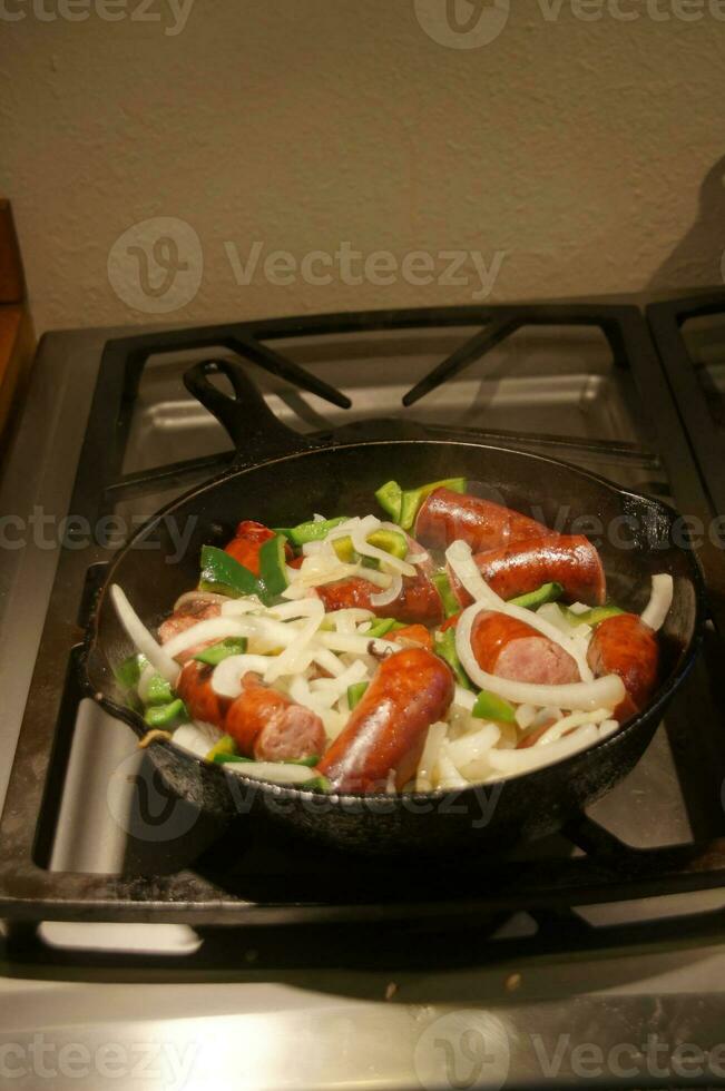 Kielbasi, onions and peppers photo