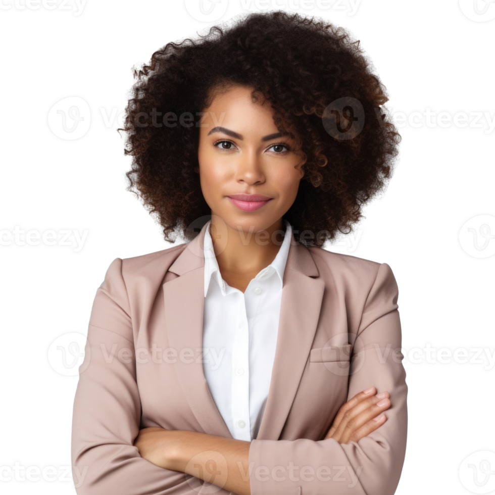 ai generato ritratto di fiducioso nero donna con attraversato braccia su sua il petto guardare a telecamera. sorridente africano americano donna d'affari isolato su trasparente sfondo. png