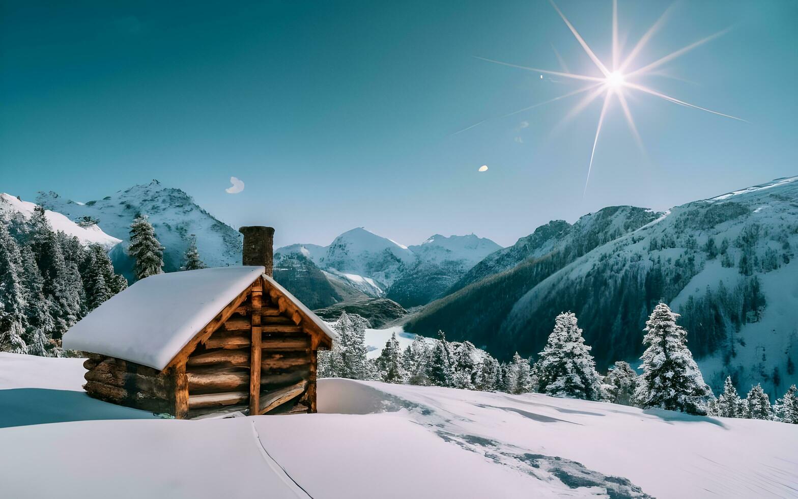 AI generated Solitude's Embrace, A Winter Wonderland Unveils a Cozy Log Cabin in Nature's Embrace photo