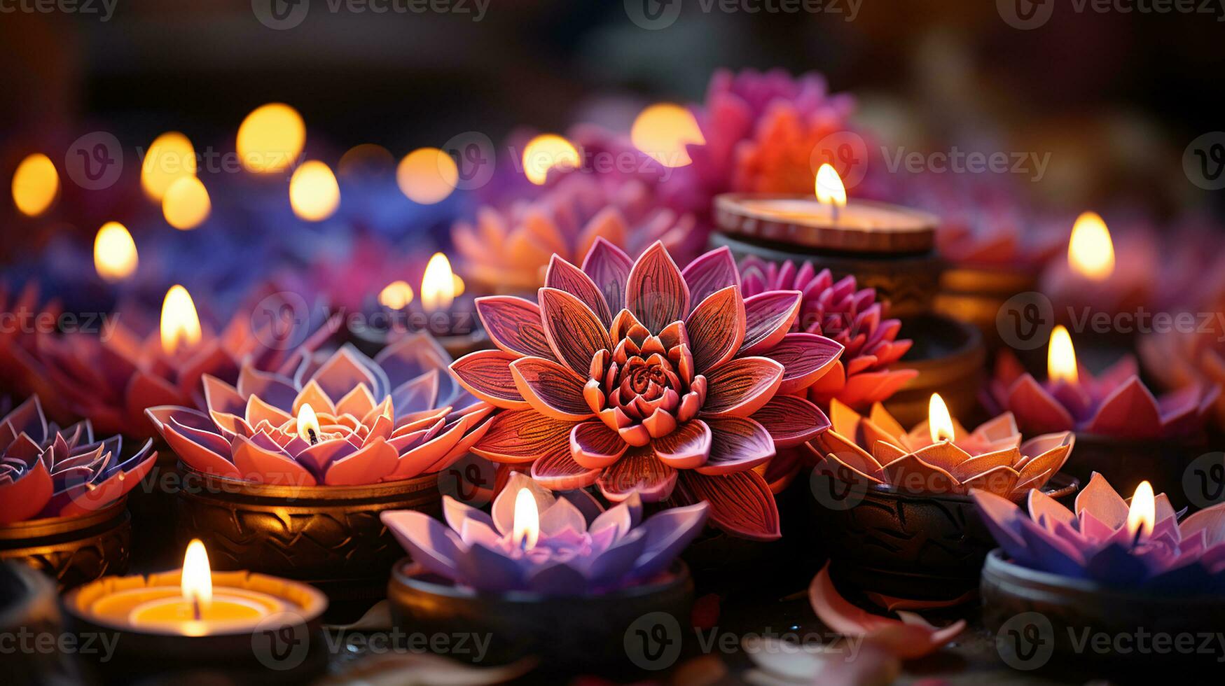 AI generated Colorful clay diya lamps with flowers on purple background, Generative AI. photo