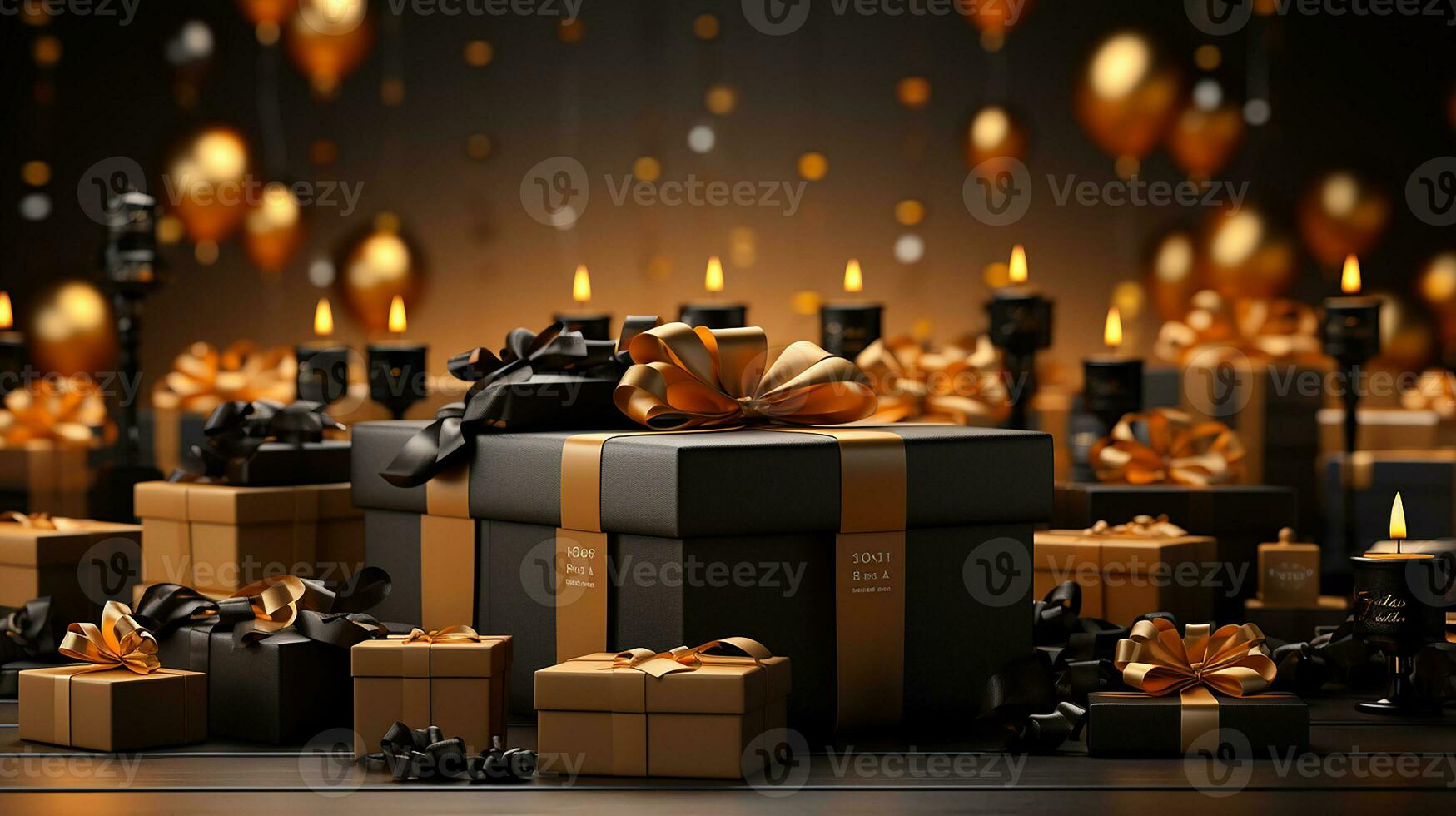 AI generated Long horizontal banner with gift box for Black Friday and Cyber Monday sale, Generative AI. photo