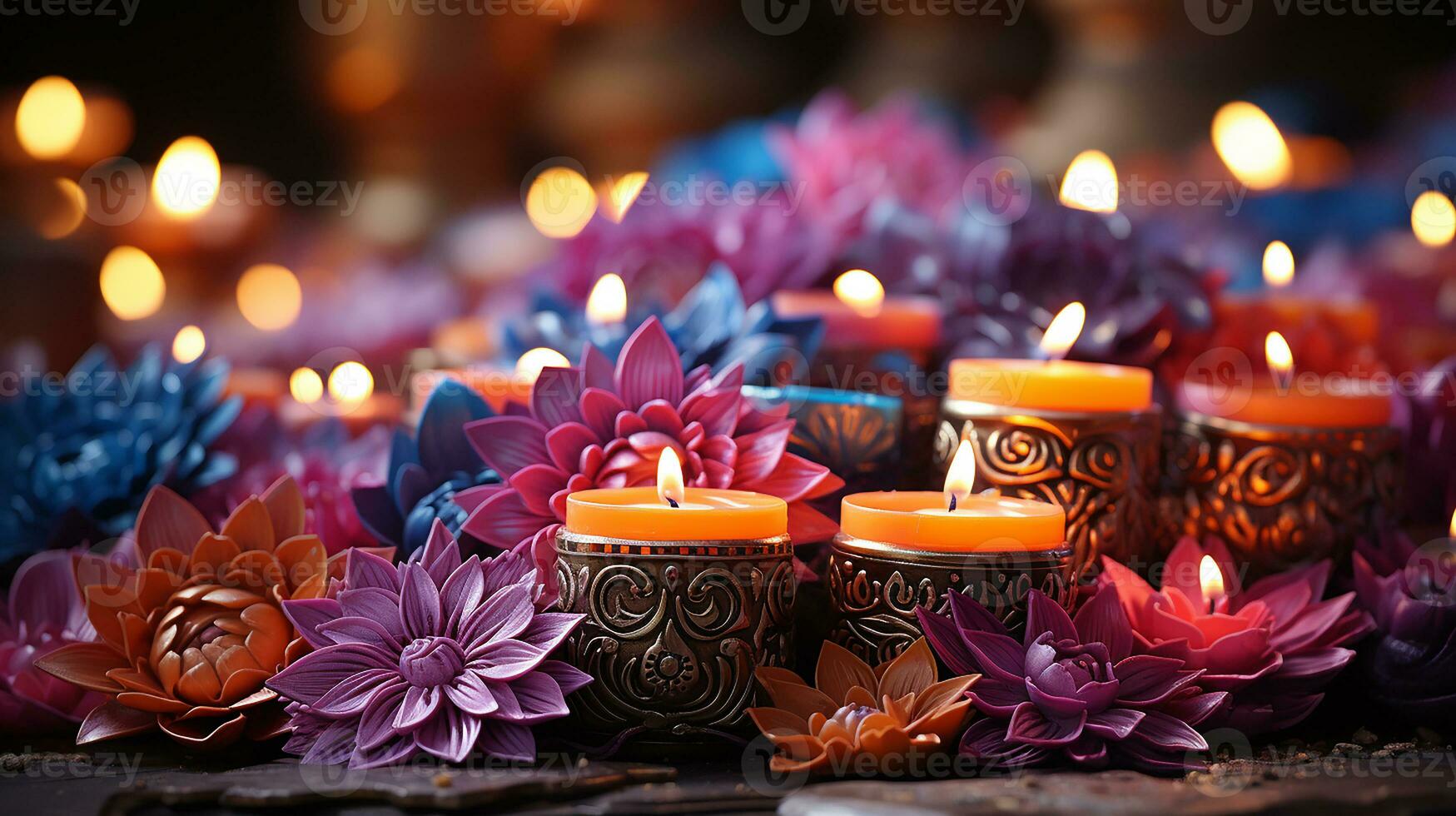 AI generated Colorful clay diya lamps with flowers on purple background, Generative AI. photo