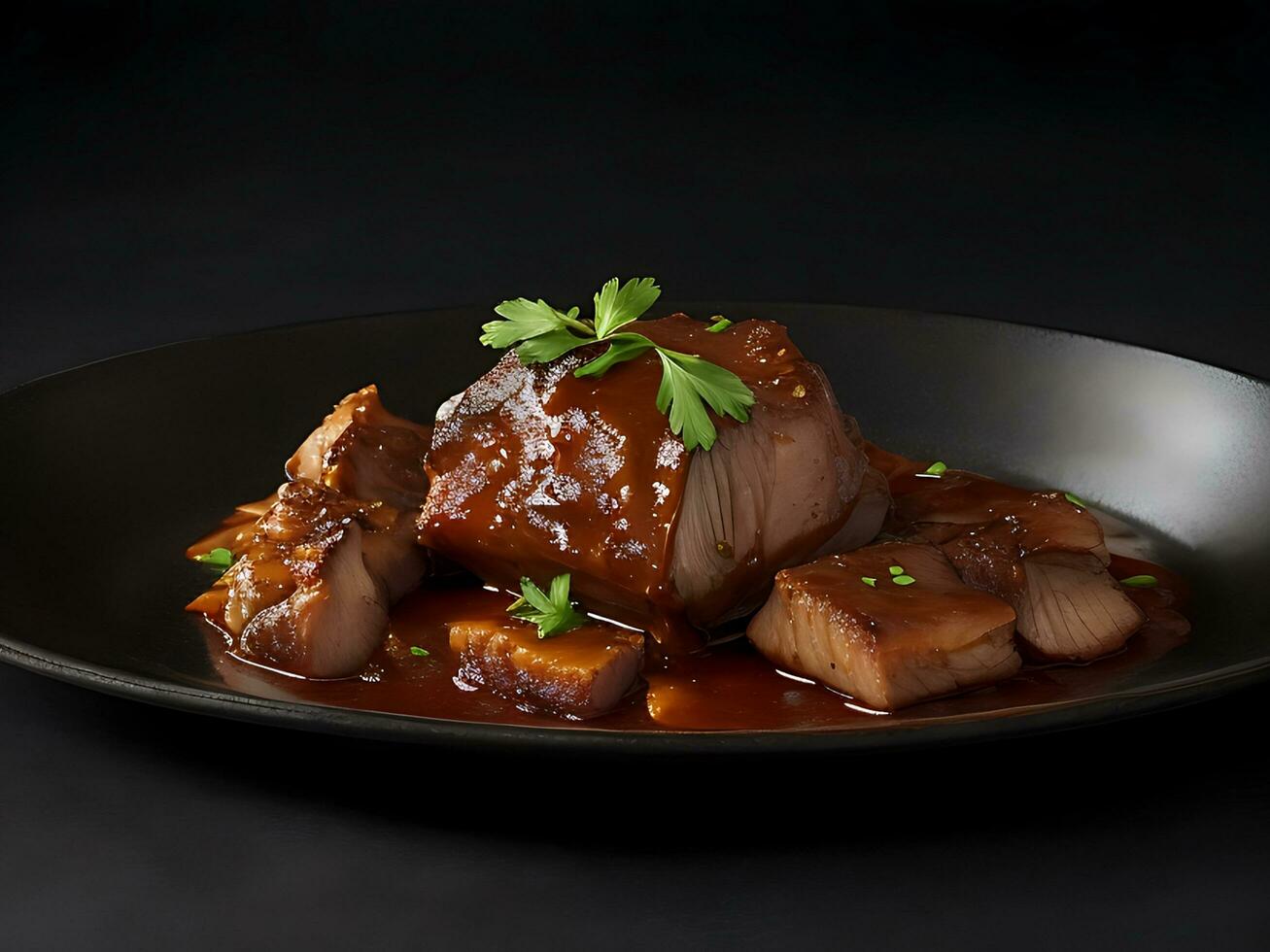 AI generated A plate of Braised pork on black background photo