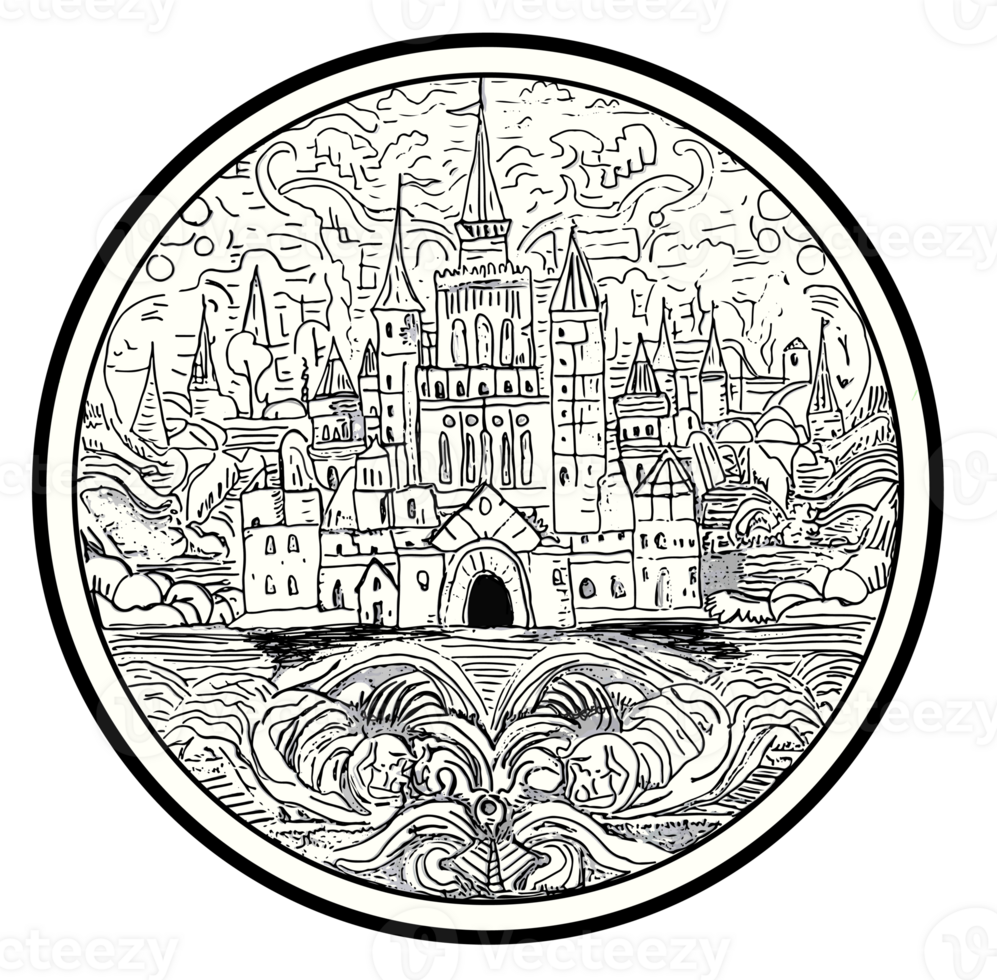 Round illustration of a medieval fantasy castle, black and white line drawing, gray shading png