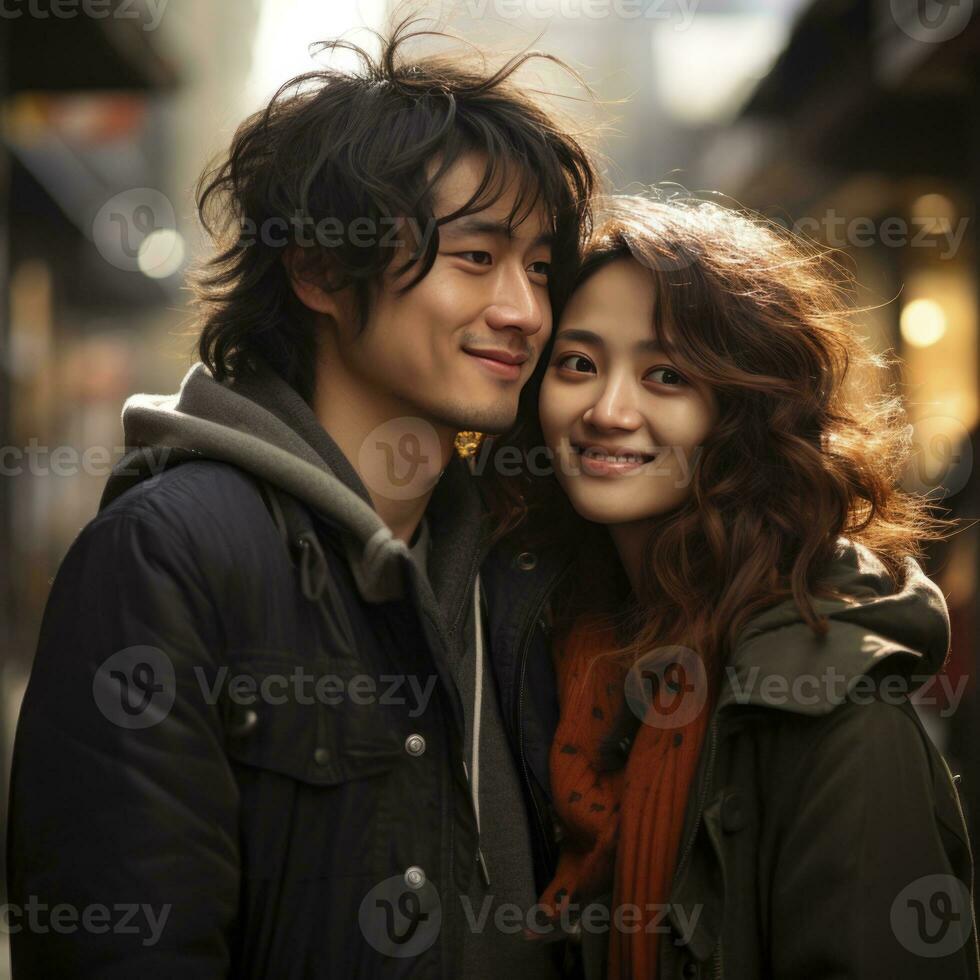 AI Generated Asian couple shares a warm hug, evoking the emotions reminiscent of a dorama or drama photo